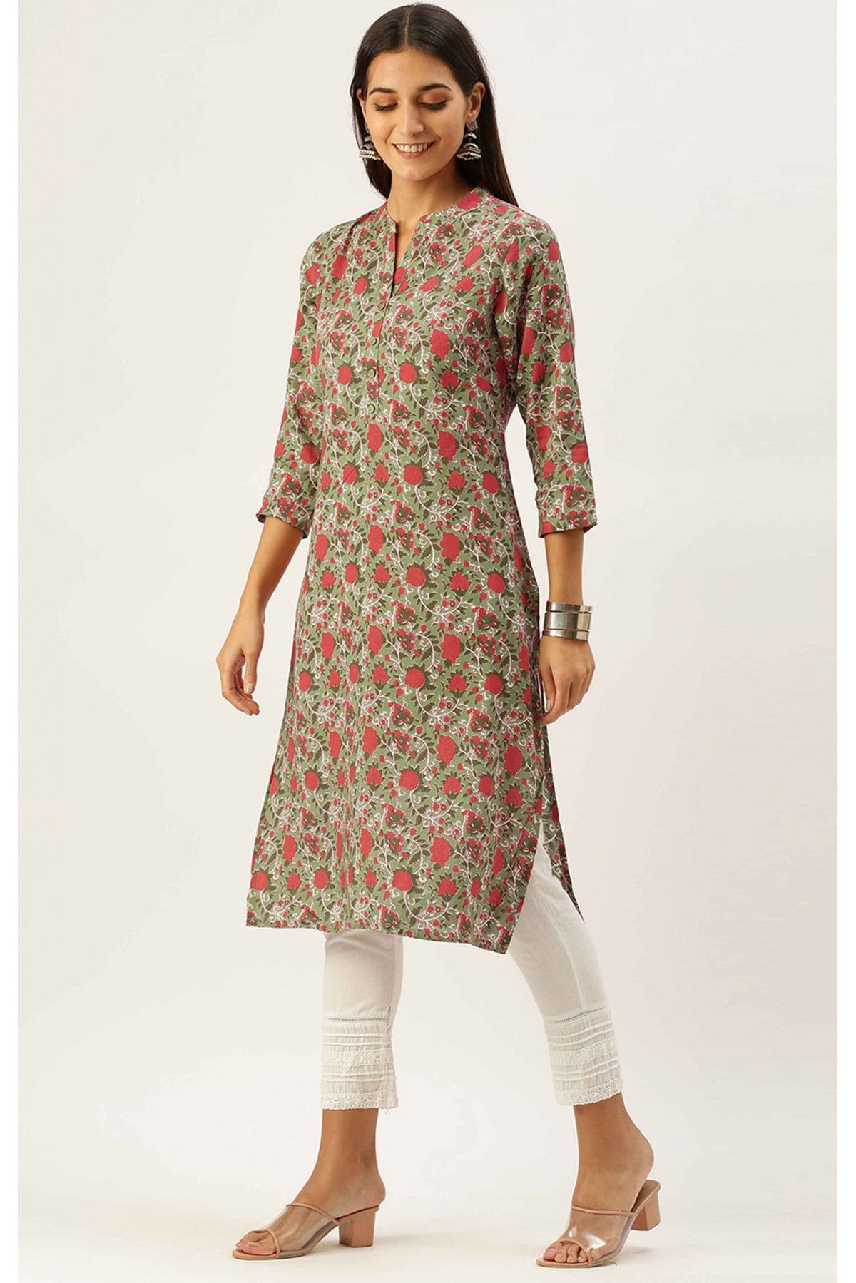 Rayon Casual Wear Kurti In Olive Green Colour - KR5480553