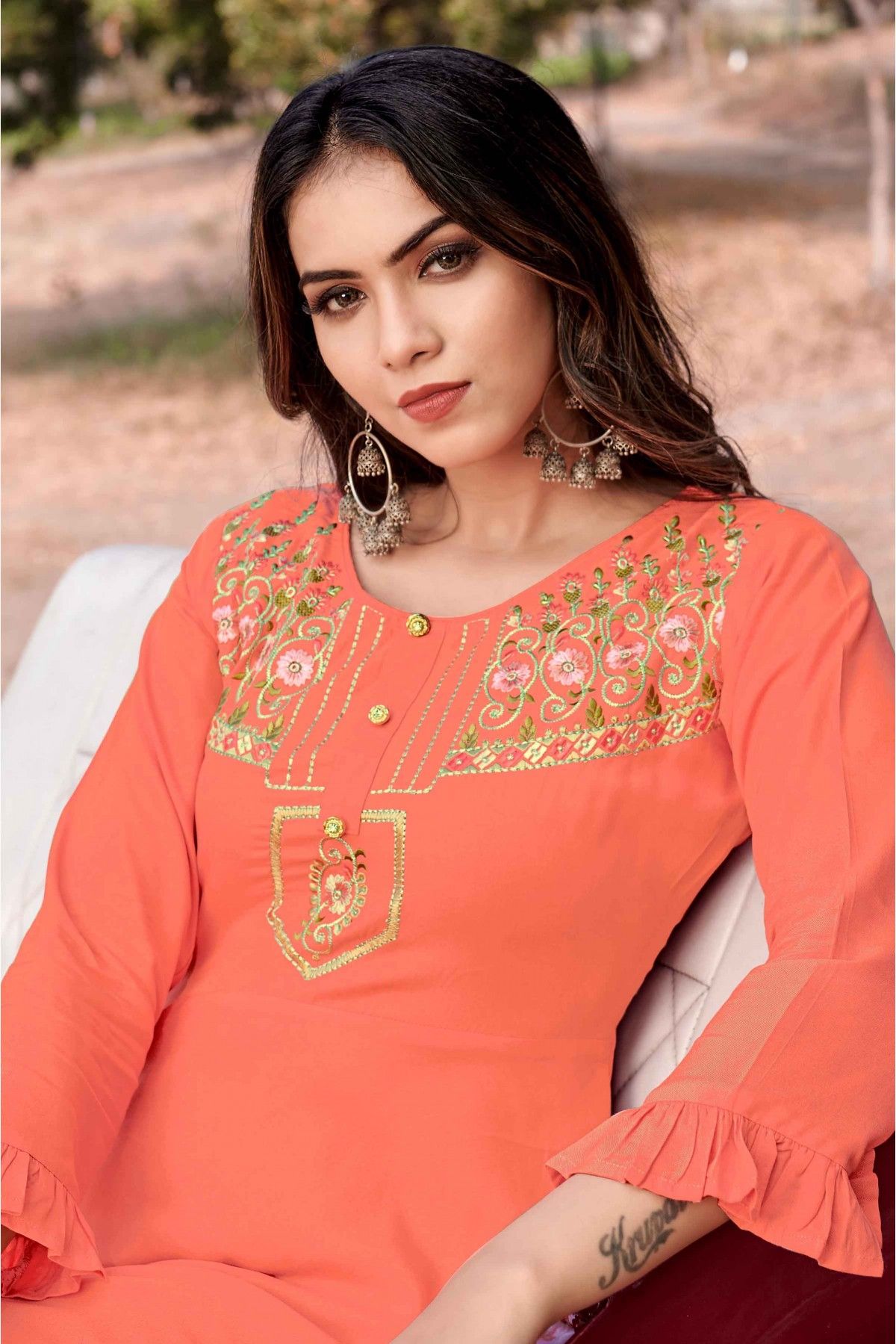 Buy NAARI Women Straight Embroidered Sleeveless Viscose Rayon Kurti Peach  Color at