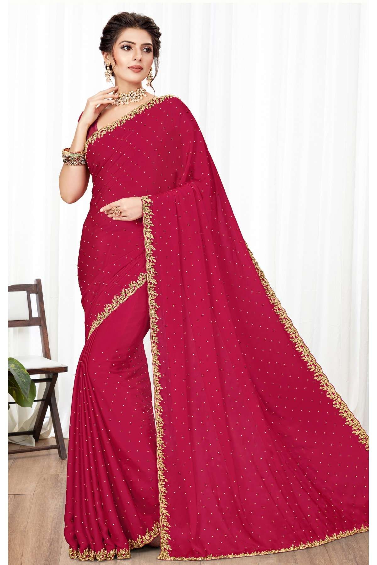 Dark Red Printed Georgette Fancy Pallu Saree With Blouse - Vishal Prints -  3950281