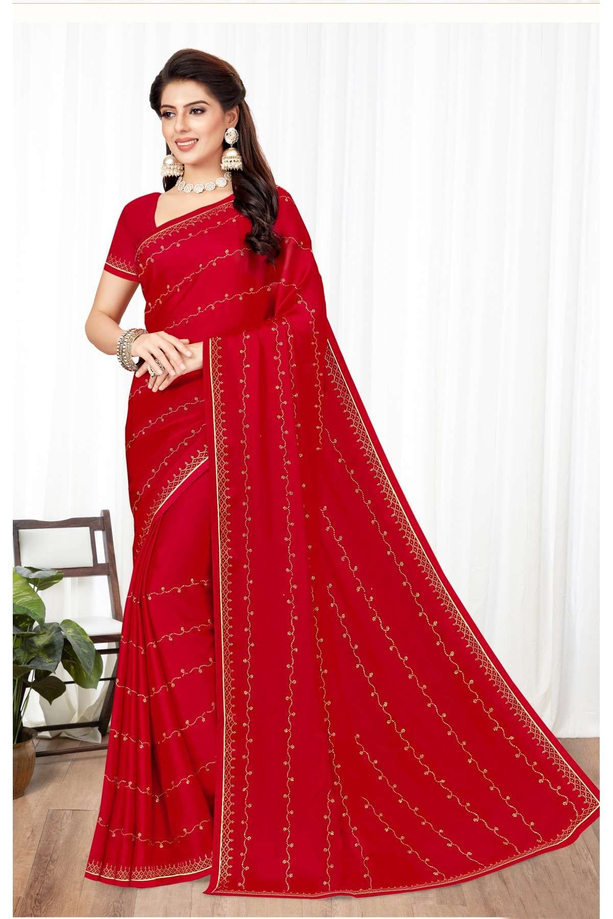Satin Silk Swarovski Work Saree In Red Colour - SR4473373