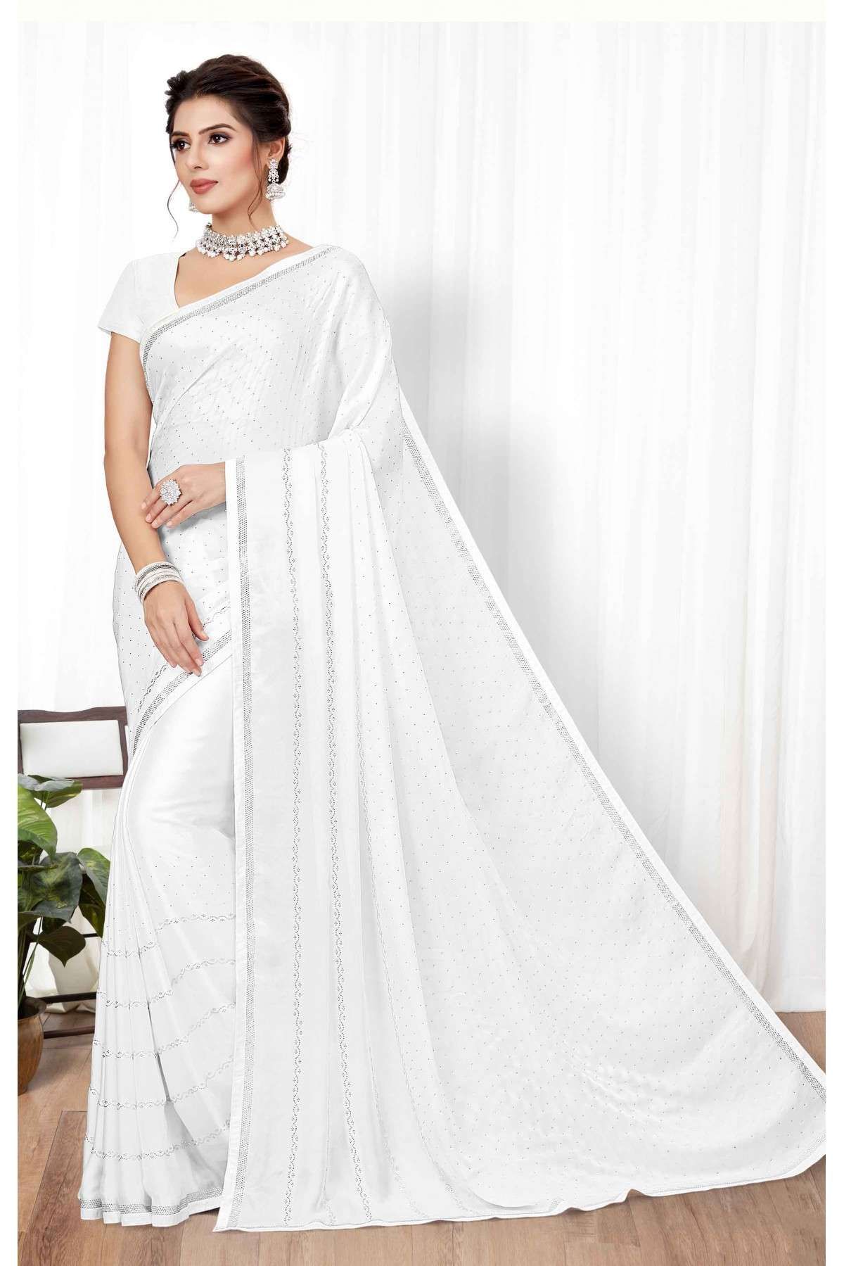 White Color Saree With Red Blouse With Embroidery Sequence and Stone Work  in USA, UK, Malaysia, South Africa, Dubai, Singapore