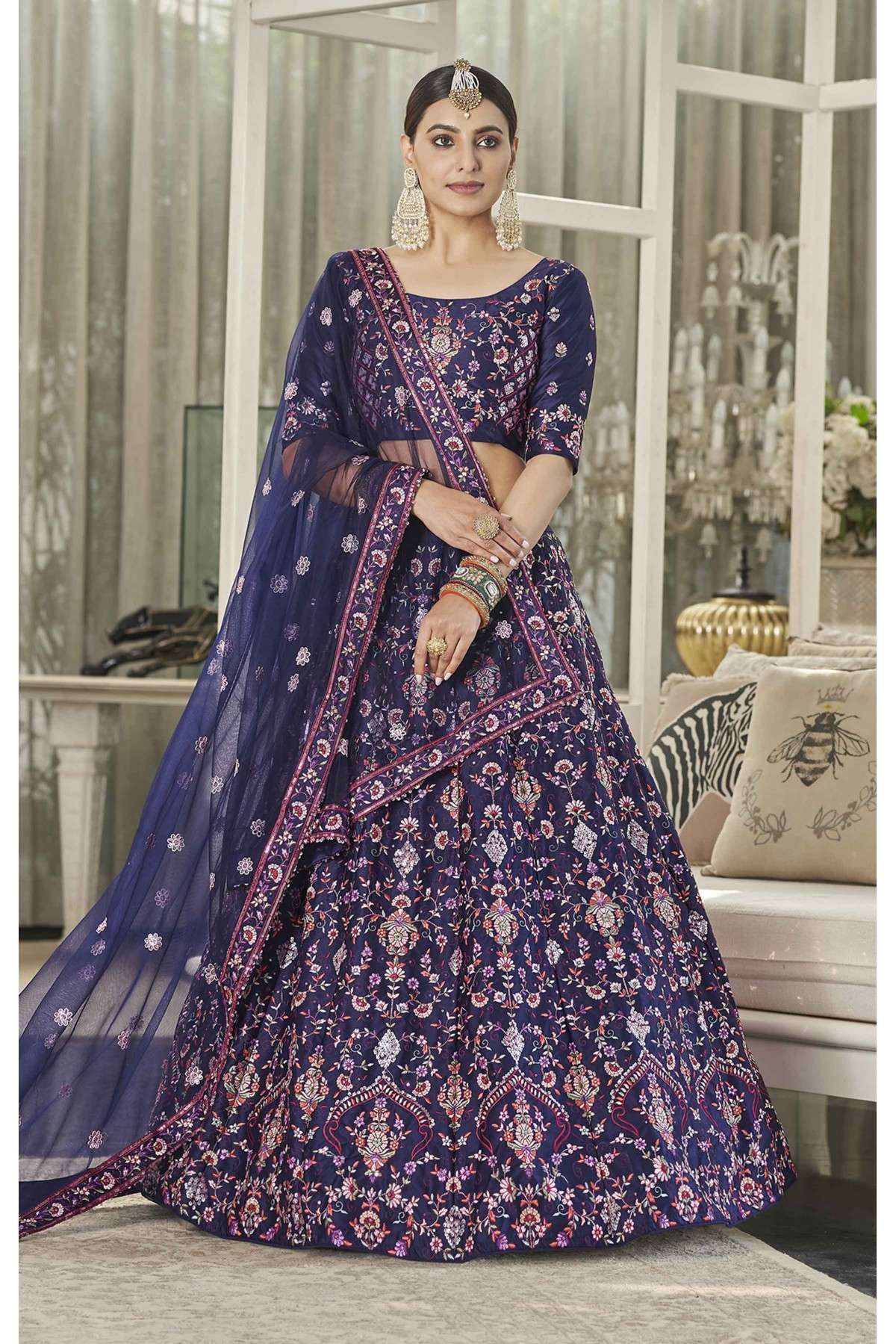 Silk Embroidery Lehenga Choli In Navy Blue Colour - LD3210996