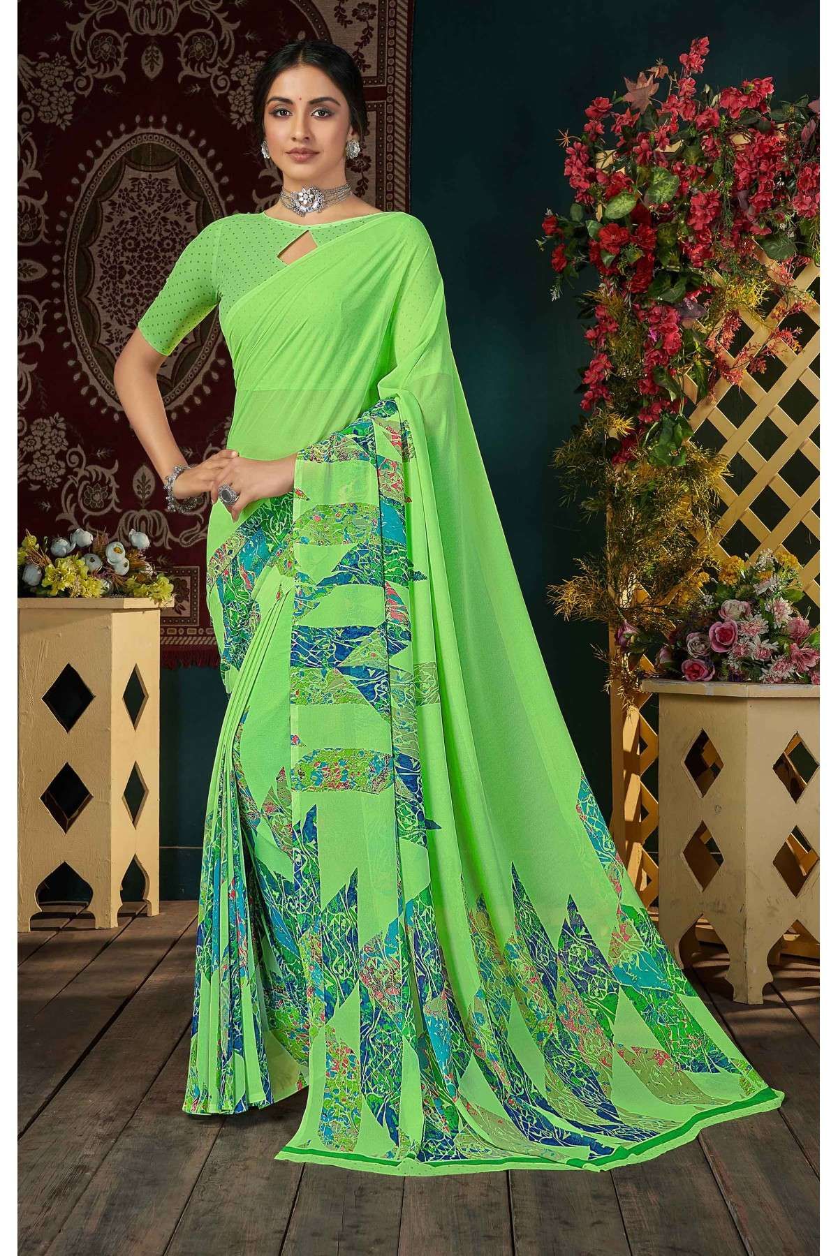 Silk Printed Saree In Green Colour - SR0074650