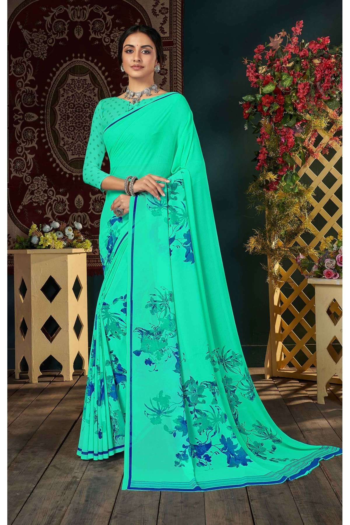 Silk Printed Saree In Sea Green Colour - SR0074653