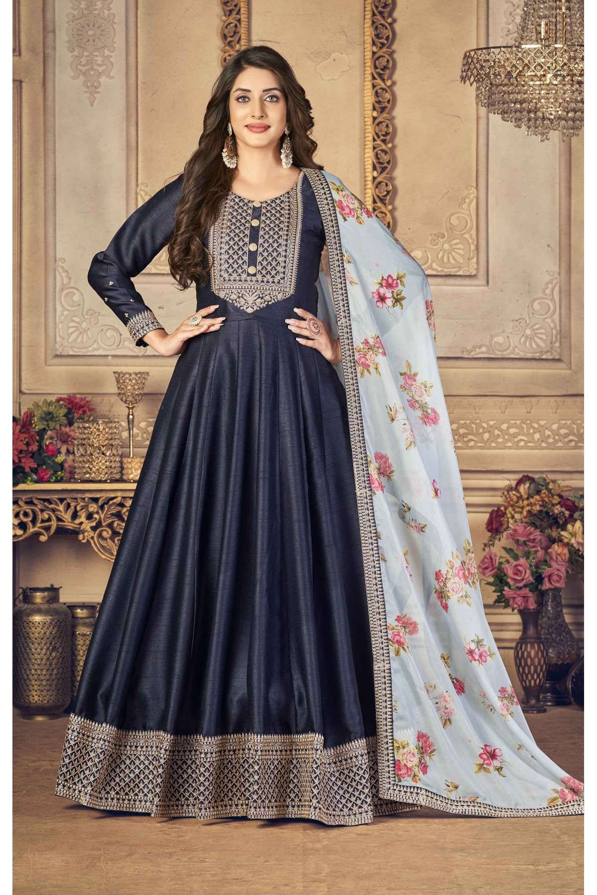 Georgette Peacock Blue Anarkali Suit LSTV122834