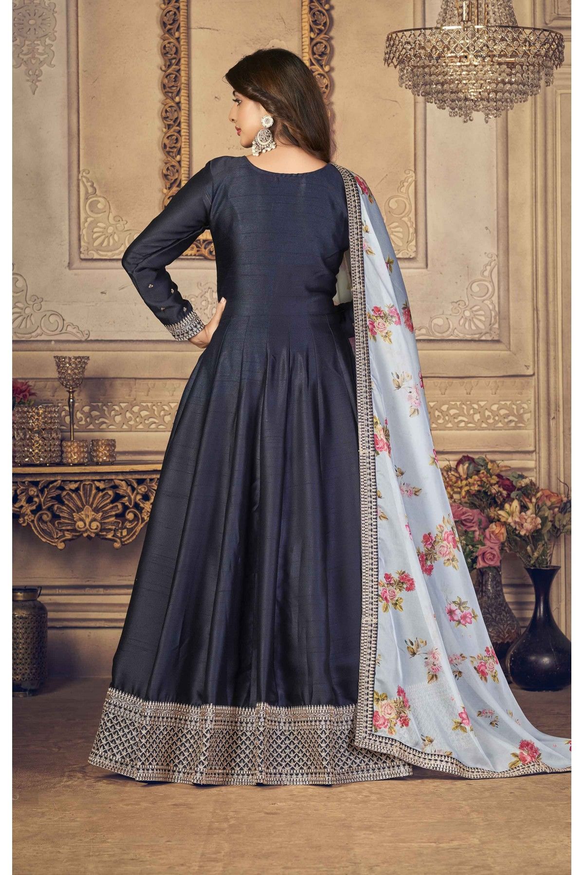 Georgette Embroidery Anarkali Suit In Navy Blue Colour - SM1775618