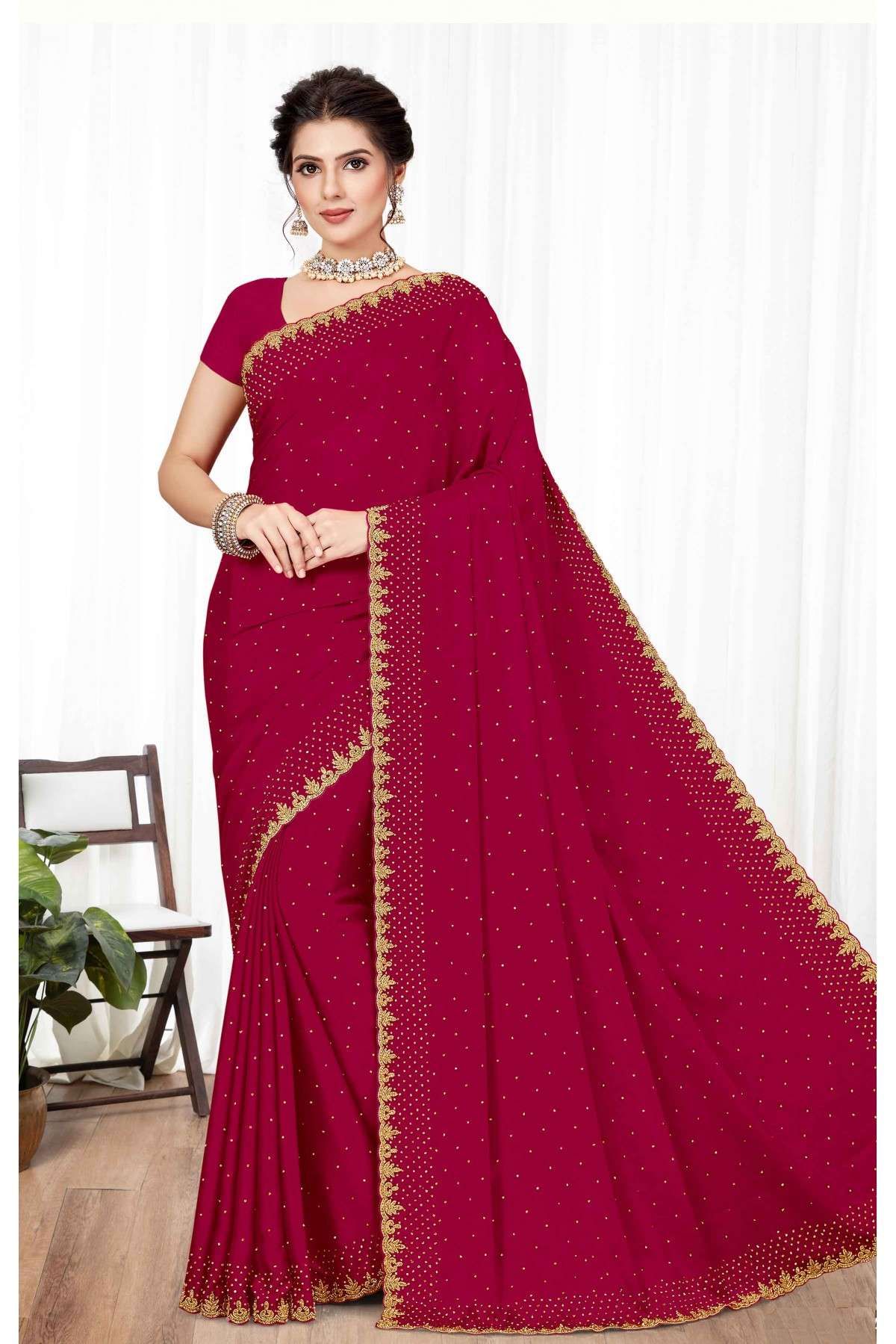 Dark Pink Wedding Saree With Designer Blouse Piece – TrendOye