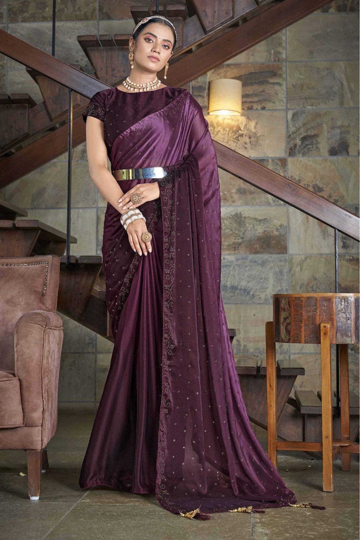 Embroidered Shimmer Georgette Silk Partywear Traditional Saree In Purp –  Saundaryam Fashions