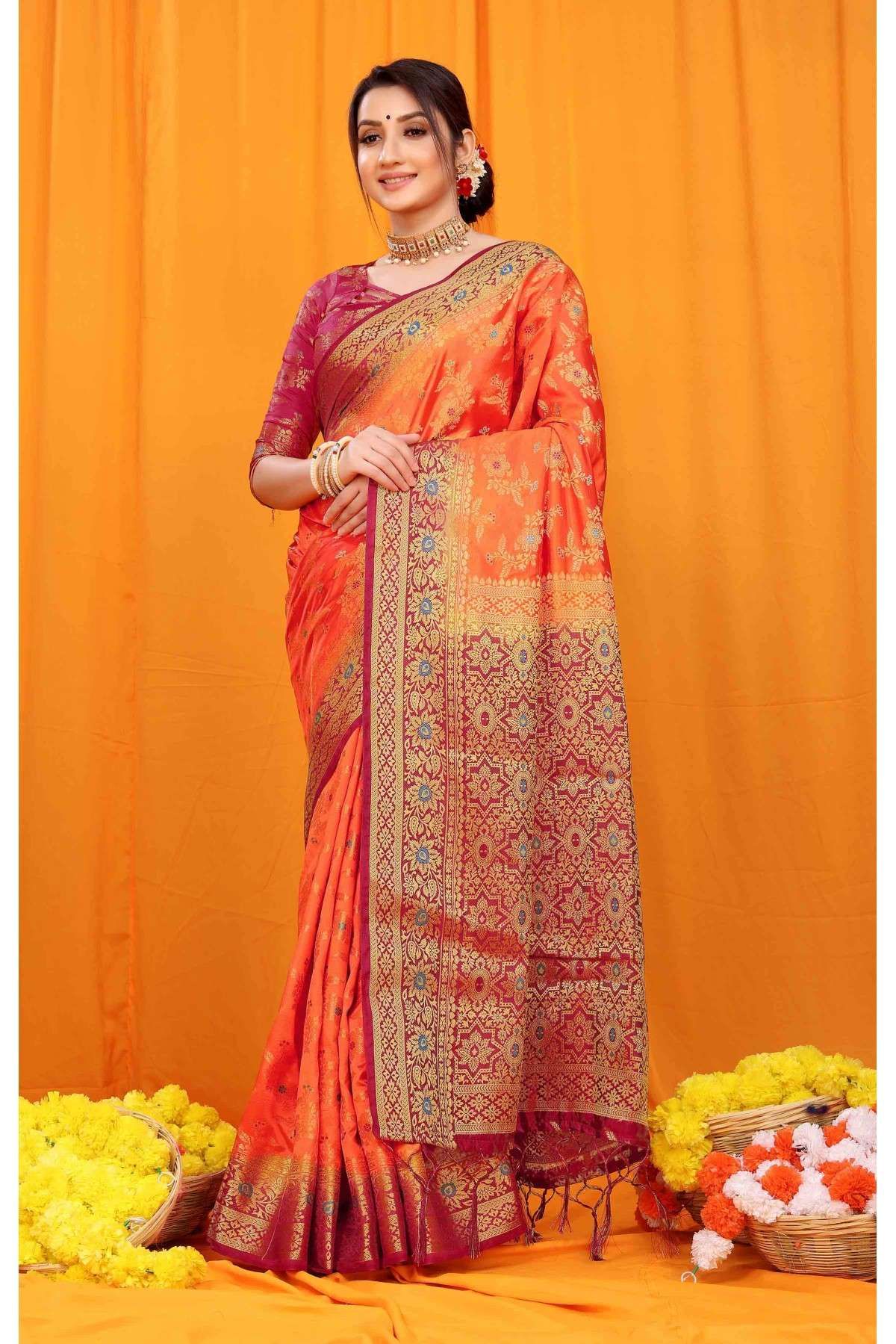 Silk Woven Saree In Orange And Red Colour - SR5640847