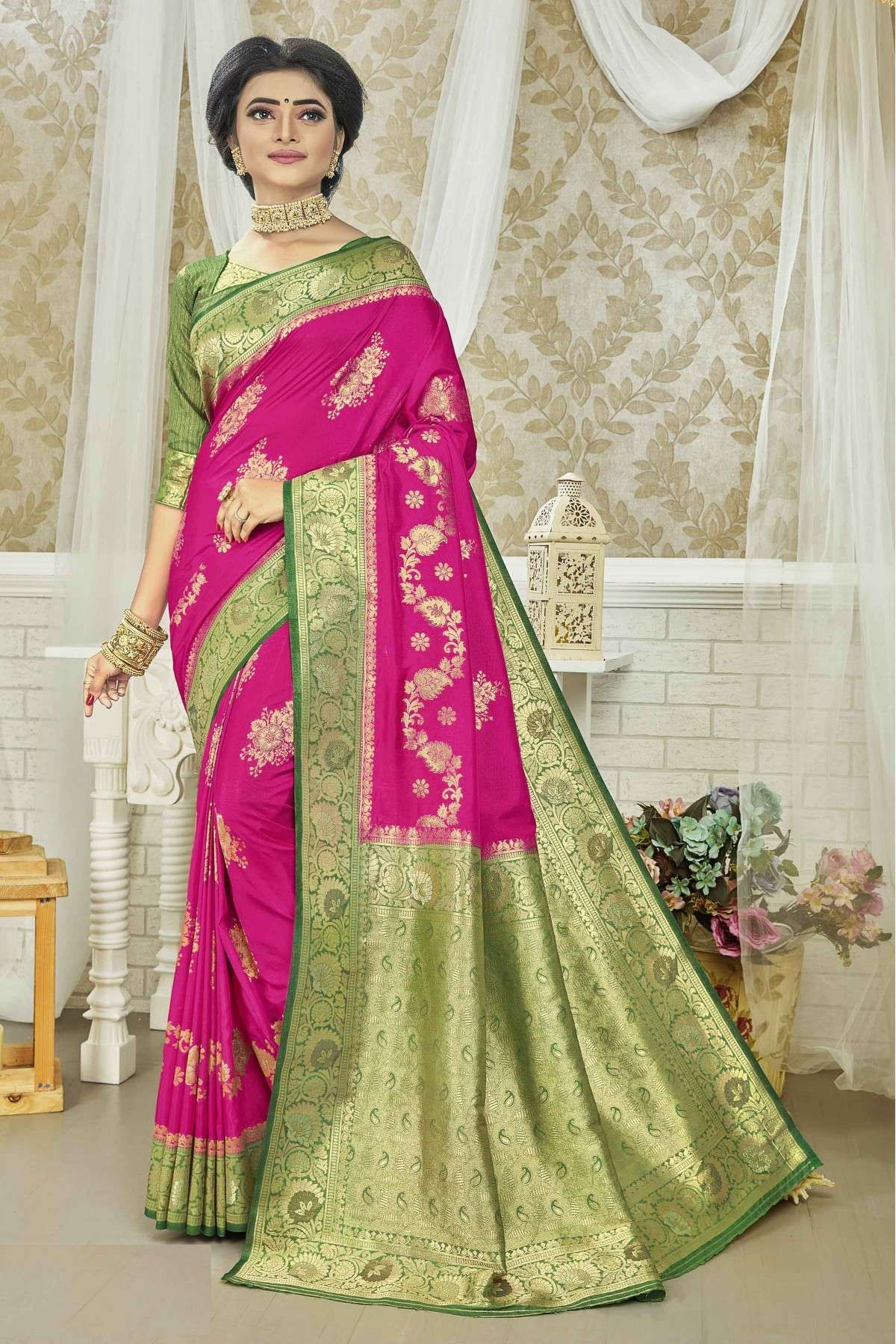 Silk Woven Saree In Pink And Green Colour - SR5641244