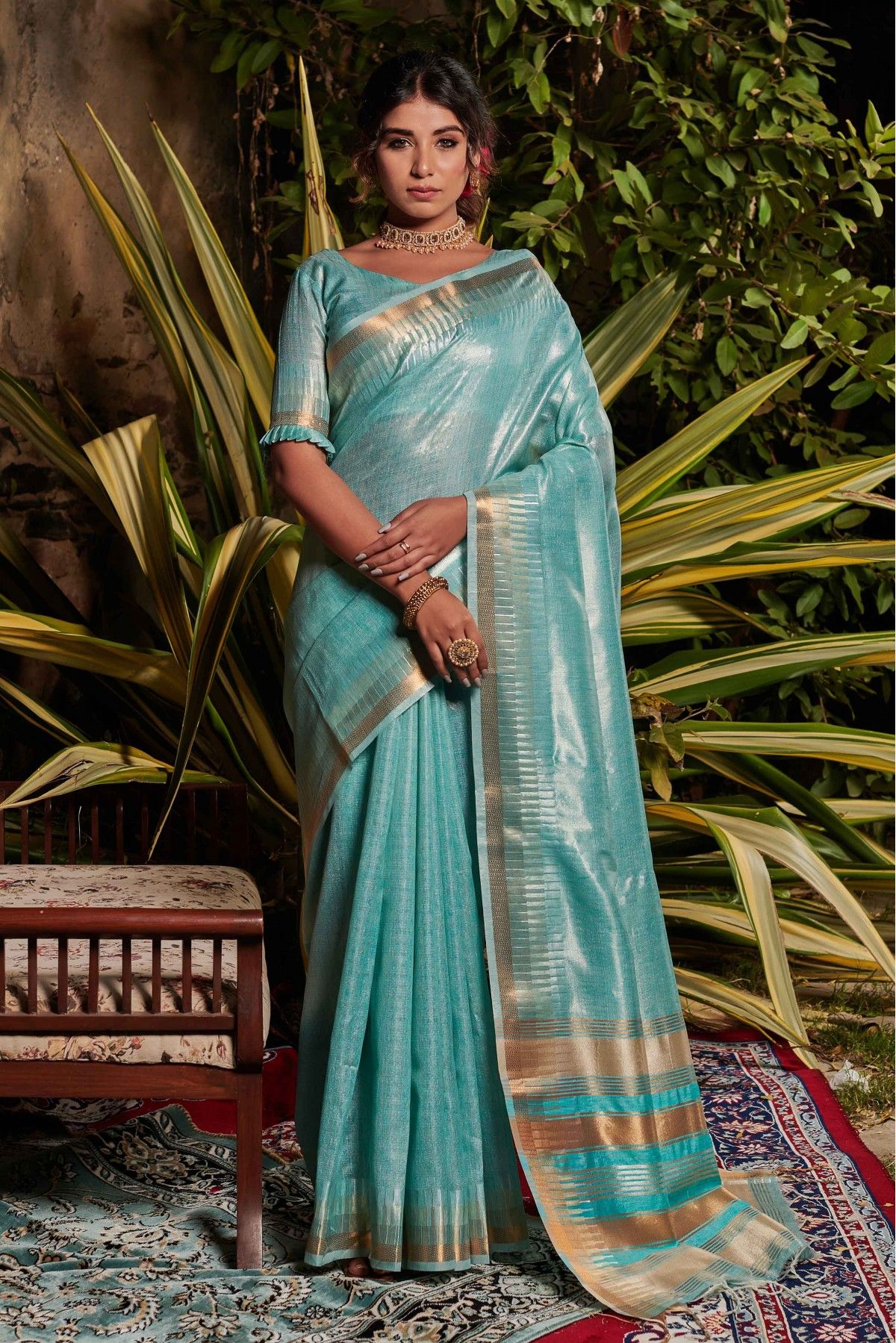 ANANDI - Maheshwari Silk Saree with Double Border - Sea Blue –  theCraftVillage