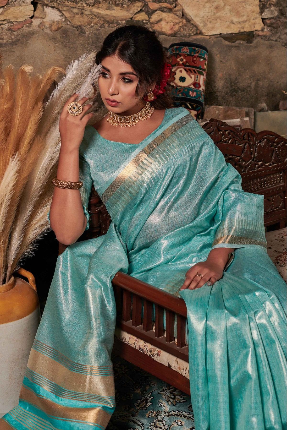 Buy Sea Blue Organza Saree online-Karagiri