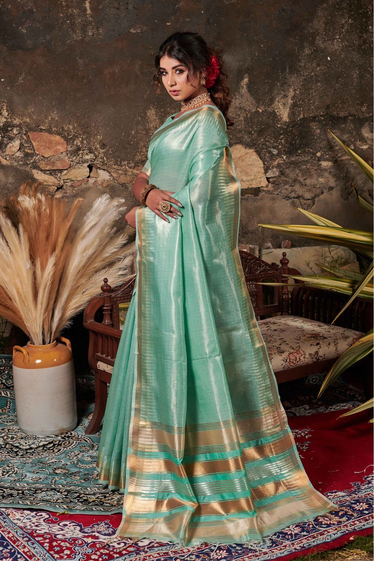 Sea Green Banarasi Dola Silk Saree - Urban Womania