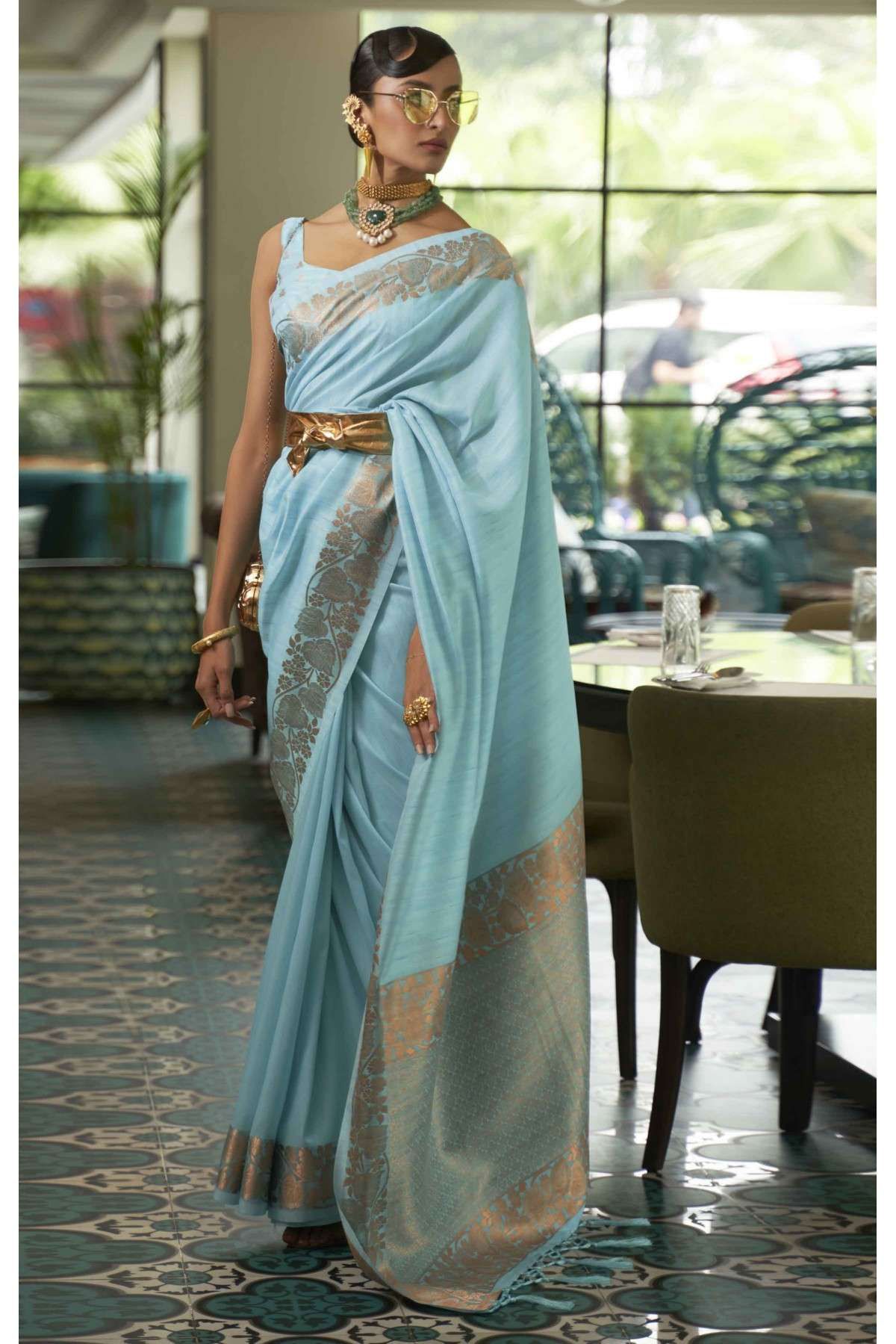 Tussar Silk Woven Saree In Sky Blue Colour - SR09406109