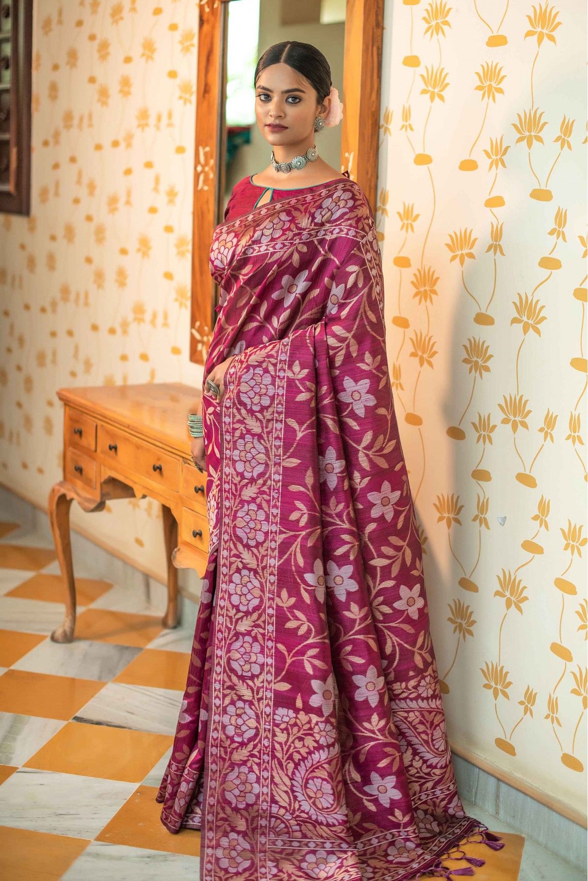 Art Silk Fabric Wine Color Function Wear Saree With Embroidered Blouse