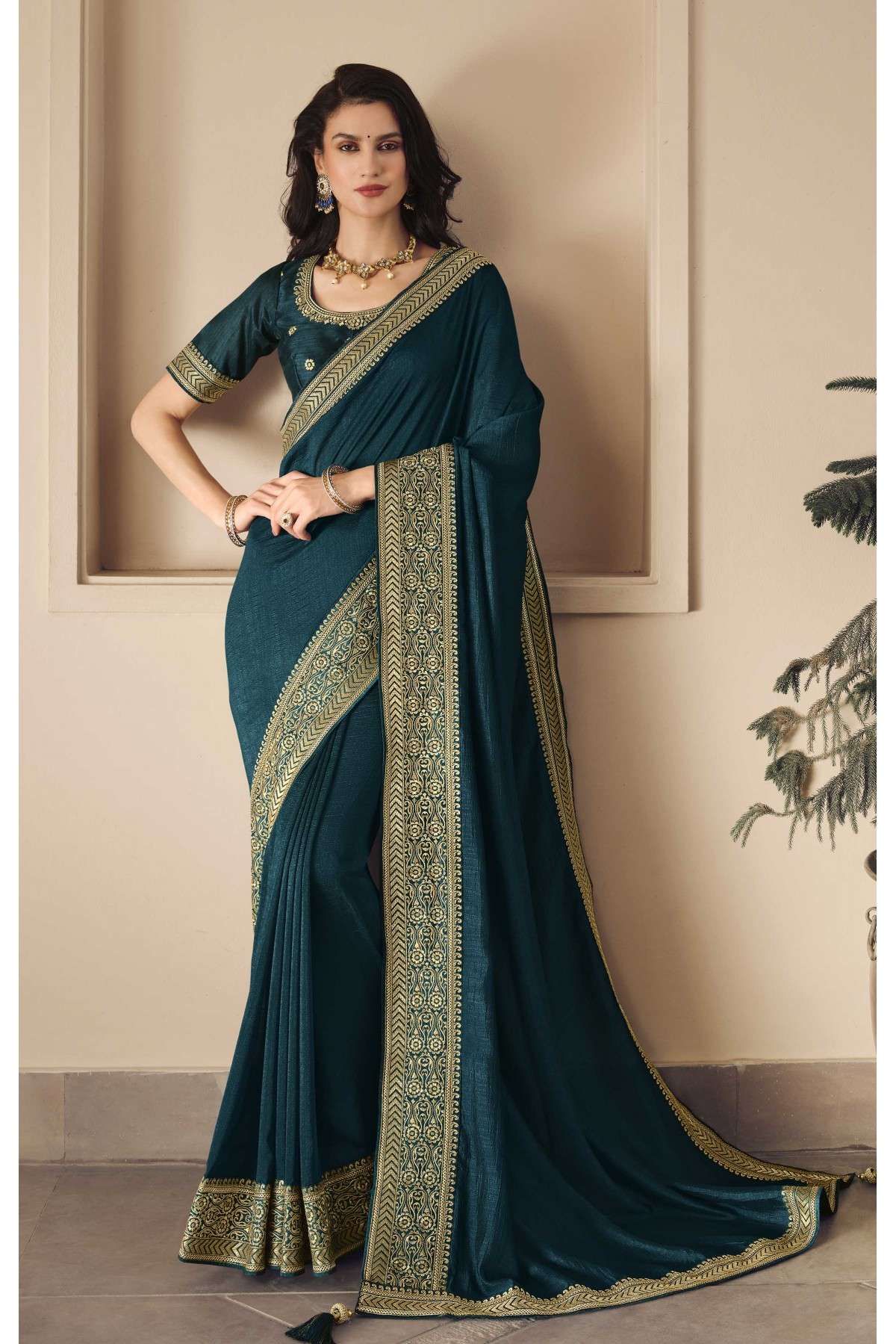 Pista Green color Vichitra Silk Emboidery Saree