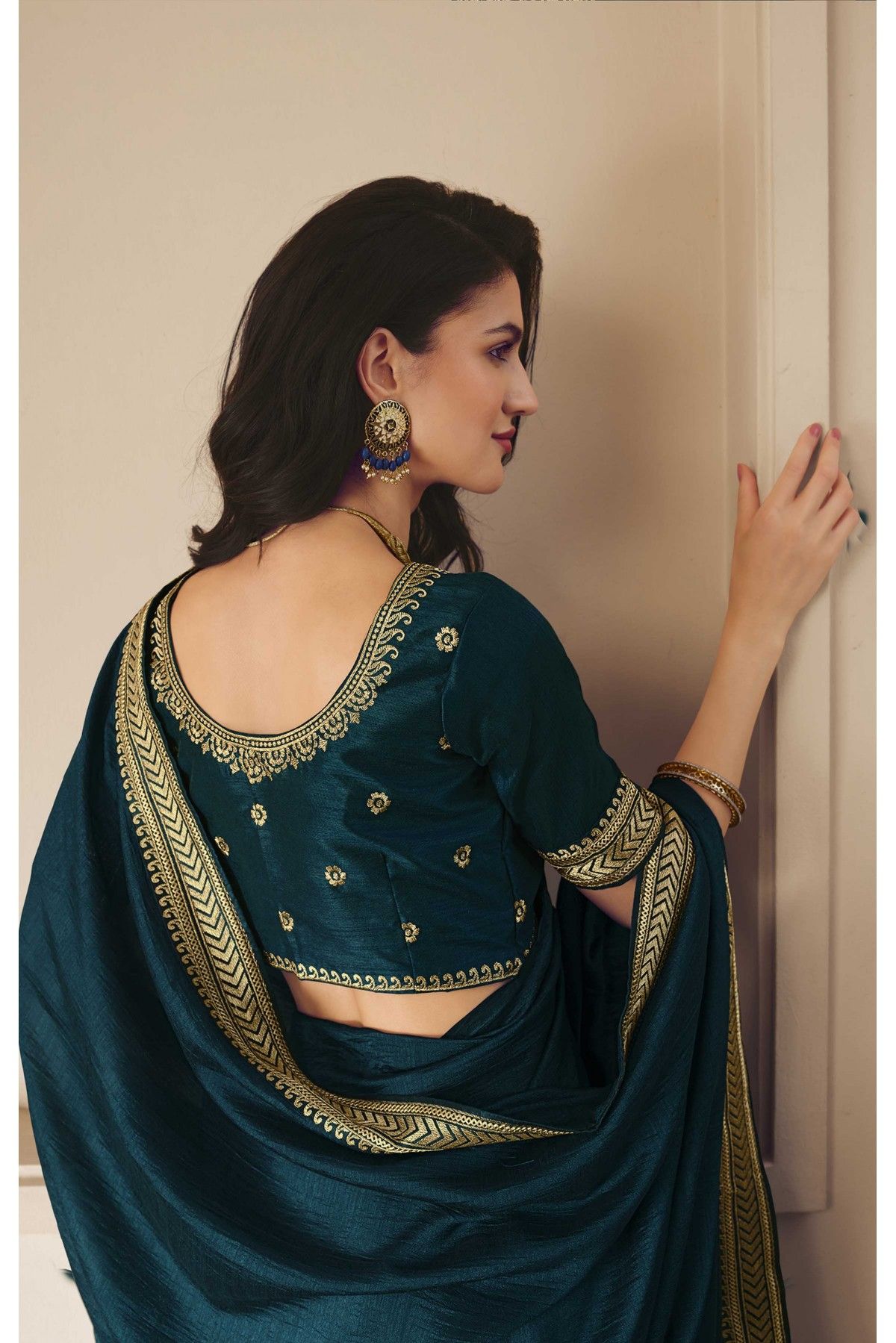 Vichitra Silk Embroidery Saree In Teal Colour - SR5640890