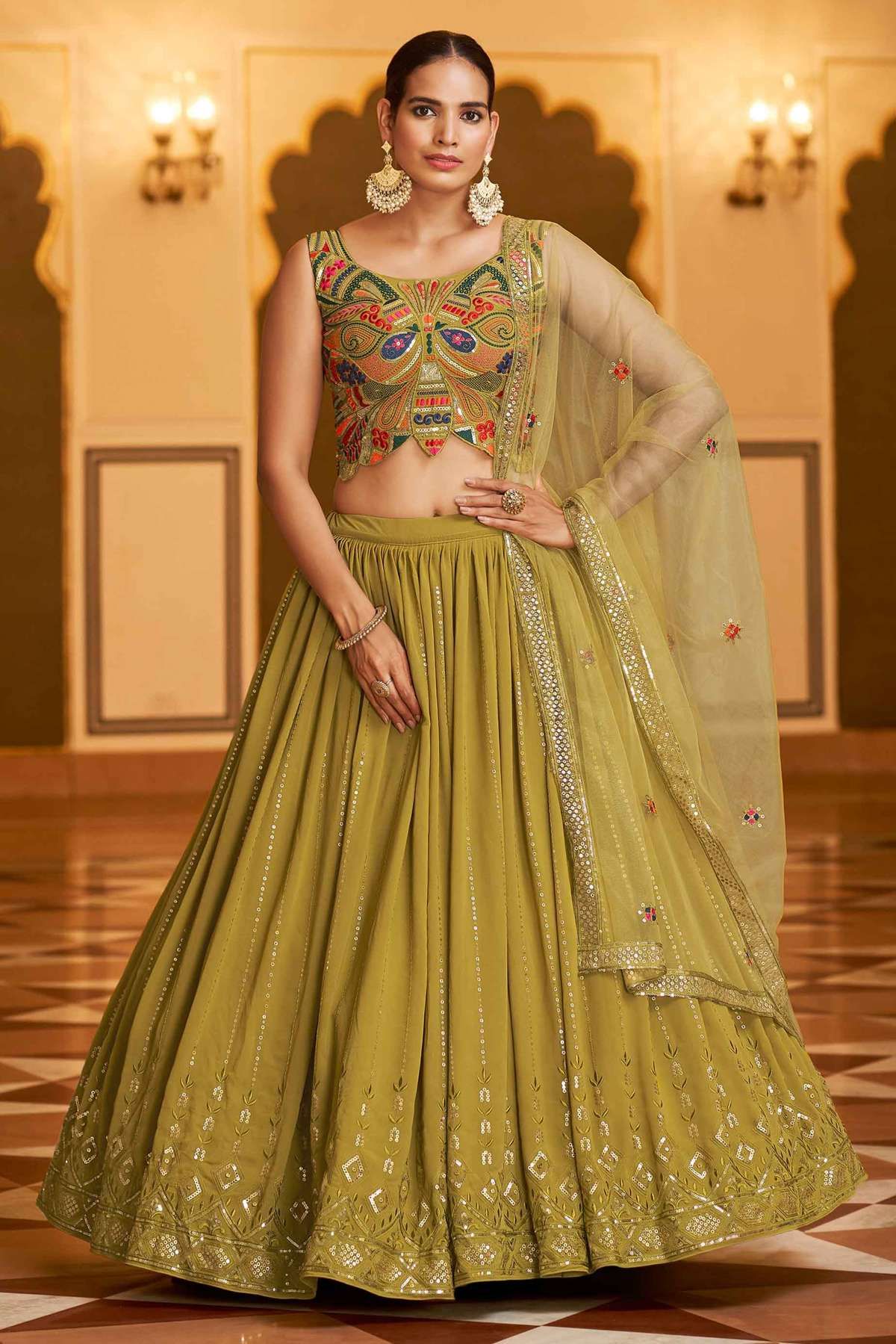 Georgette Mirror Work Lehenga Choli In Cream Colour LD05644315