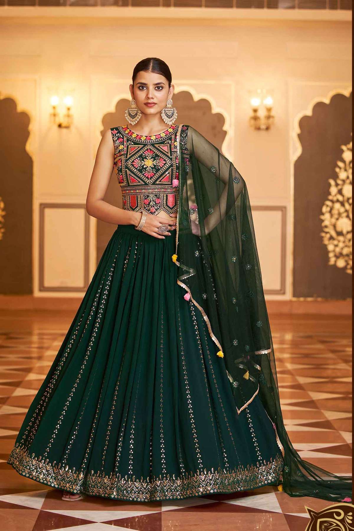 Pure Georgette Lehenga Choli With Heavy Thread Embroidery with Cut, Mirror  and Zarkan Work LD01353096 In Blue Colour