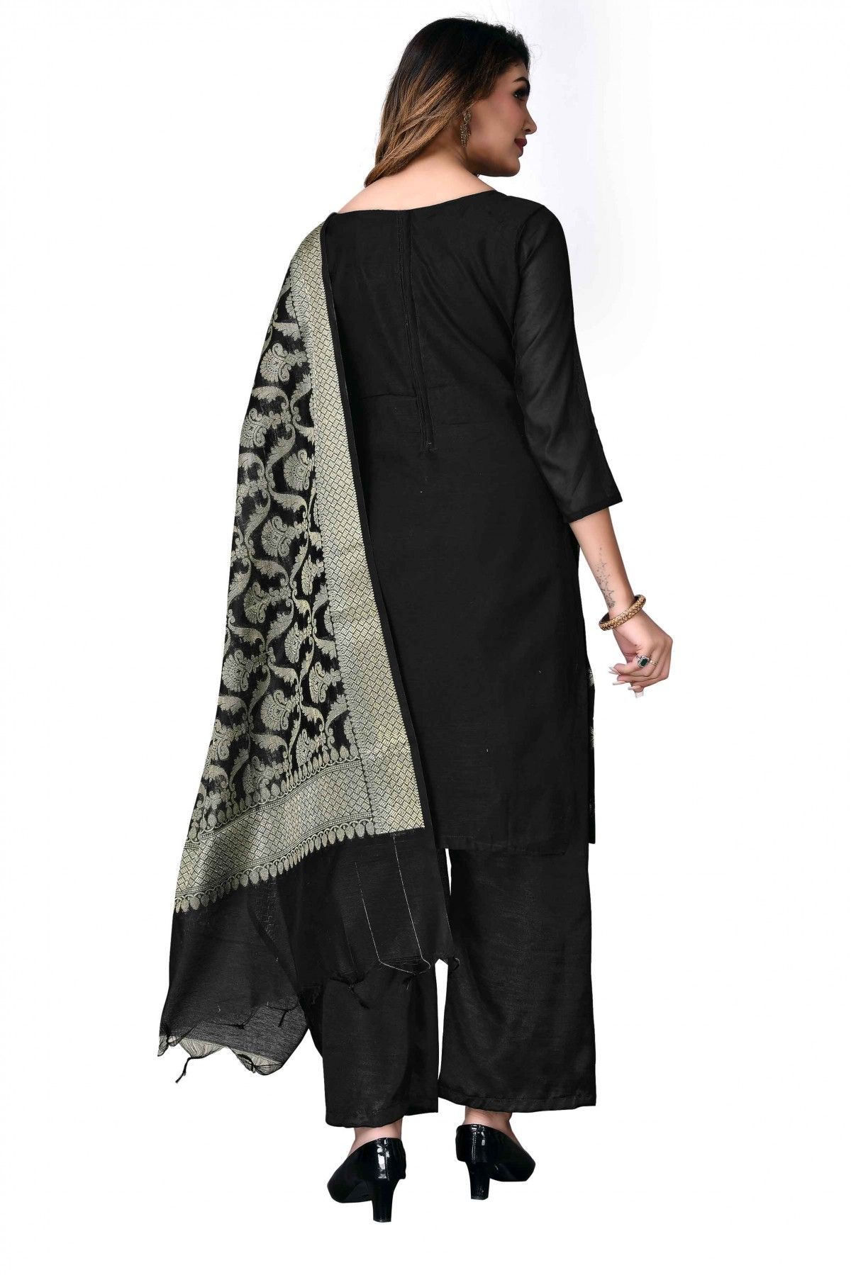 Banarasi Jacquard Woven Palazzo Pant Suit In Black Colour - US3234278