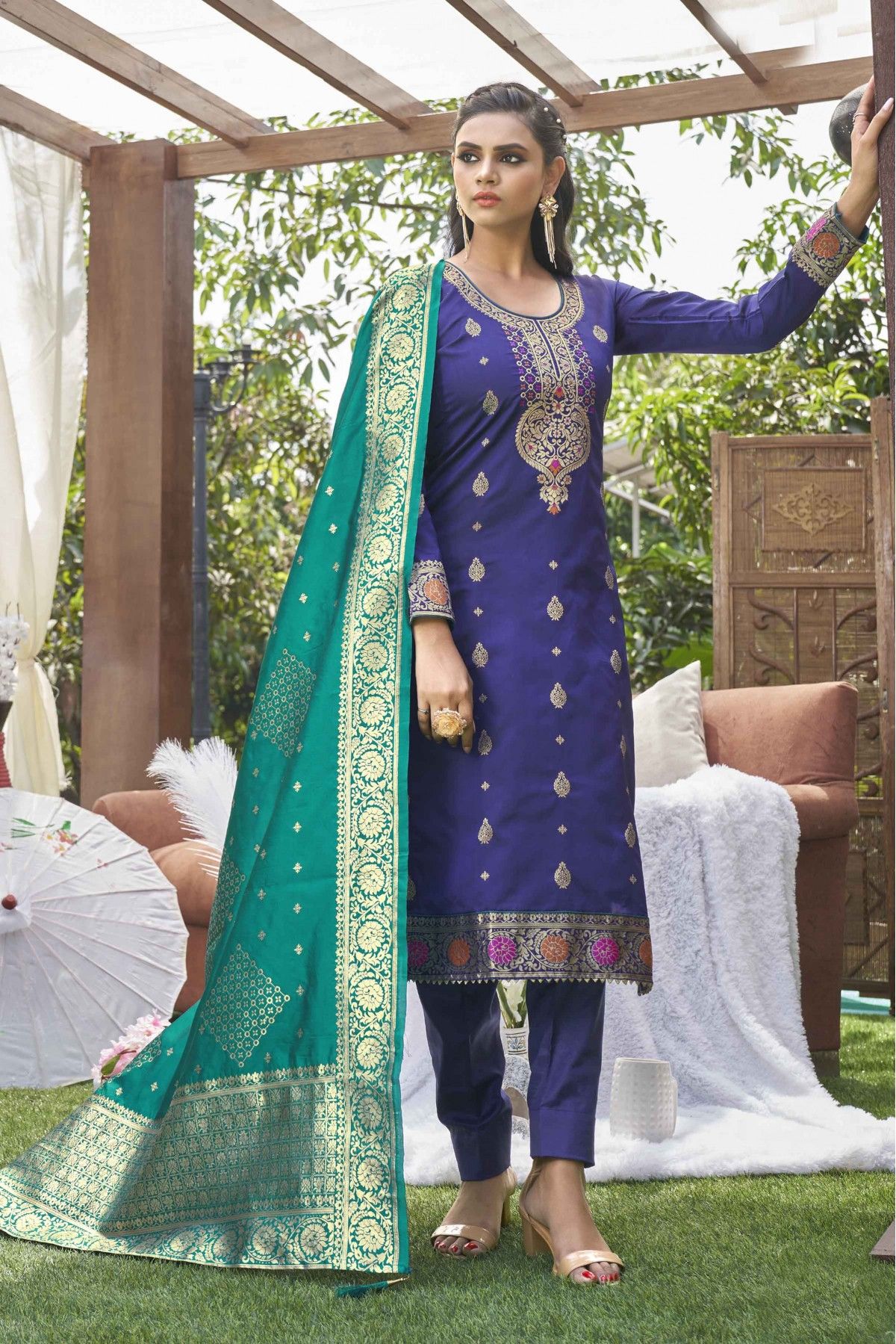 Banarasi Silk Woven Pant Style Suit In Royal Blue Colour