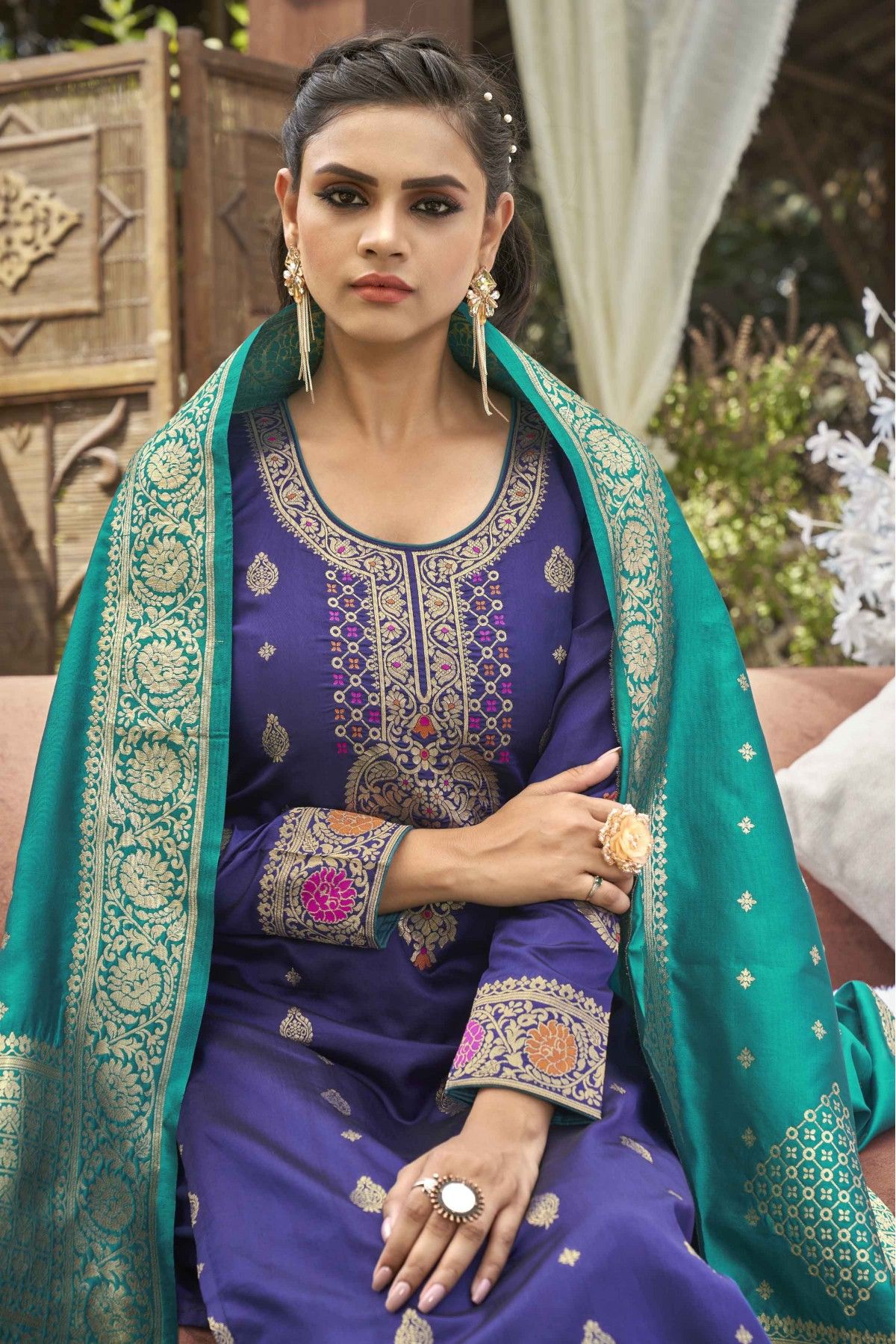 Banarasi Silk Woven Pant Style Suit In Royal Blue Colour - SM1357655