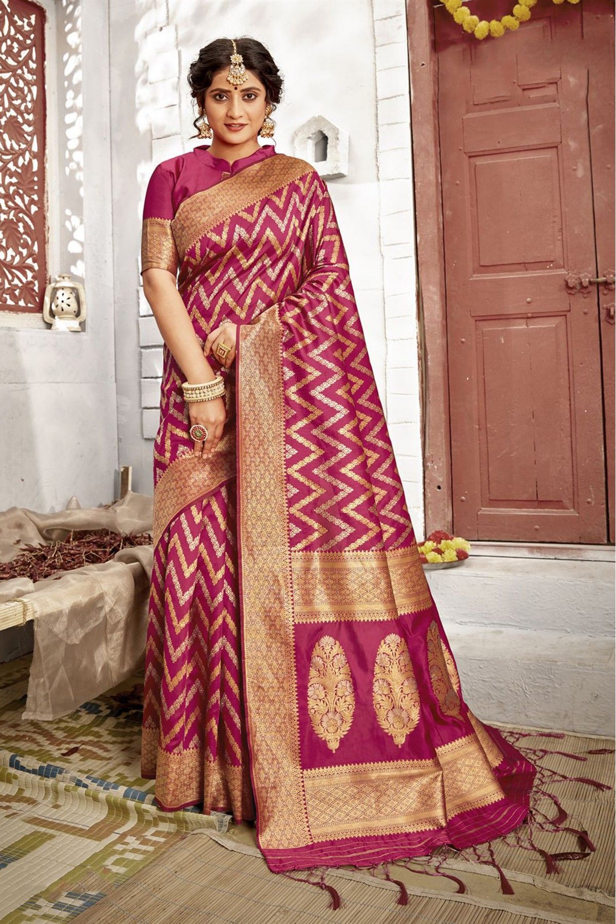 MAGENTA PINK TRADITIONAL KANCHI SOFT SILK SARI WITH ATTACHED BLOUSE –  Zariknyaa