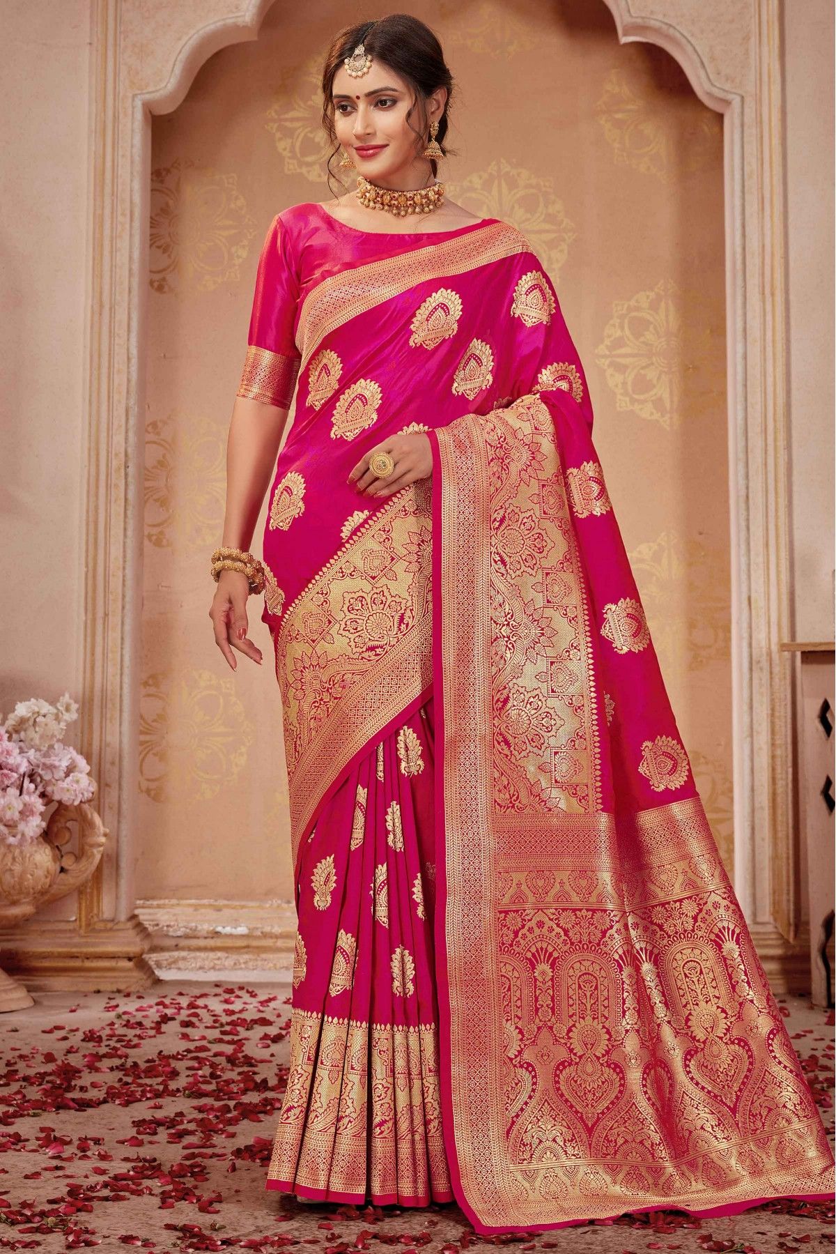 Chiffon Printed Rani Pink Saree