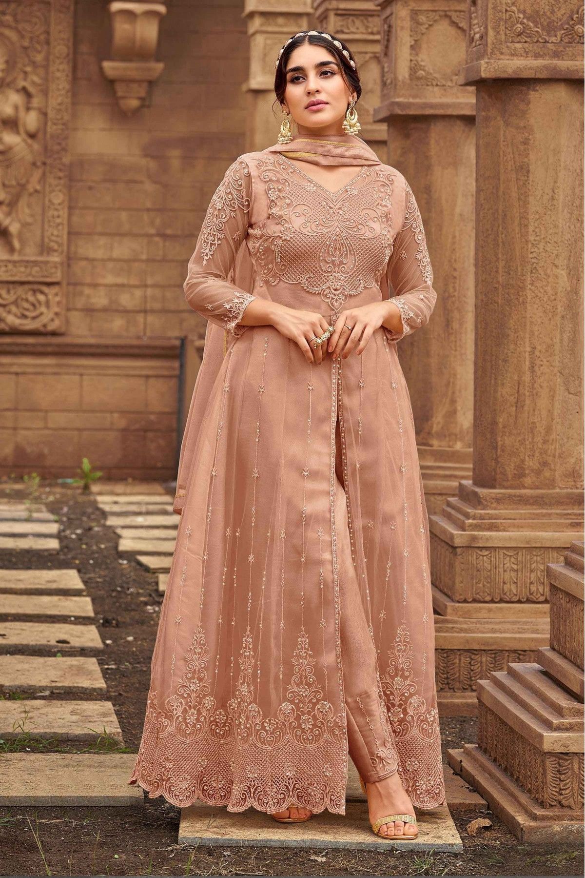 Buy Beige Color Butterfly Net Fabric Anarkali Suit Online