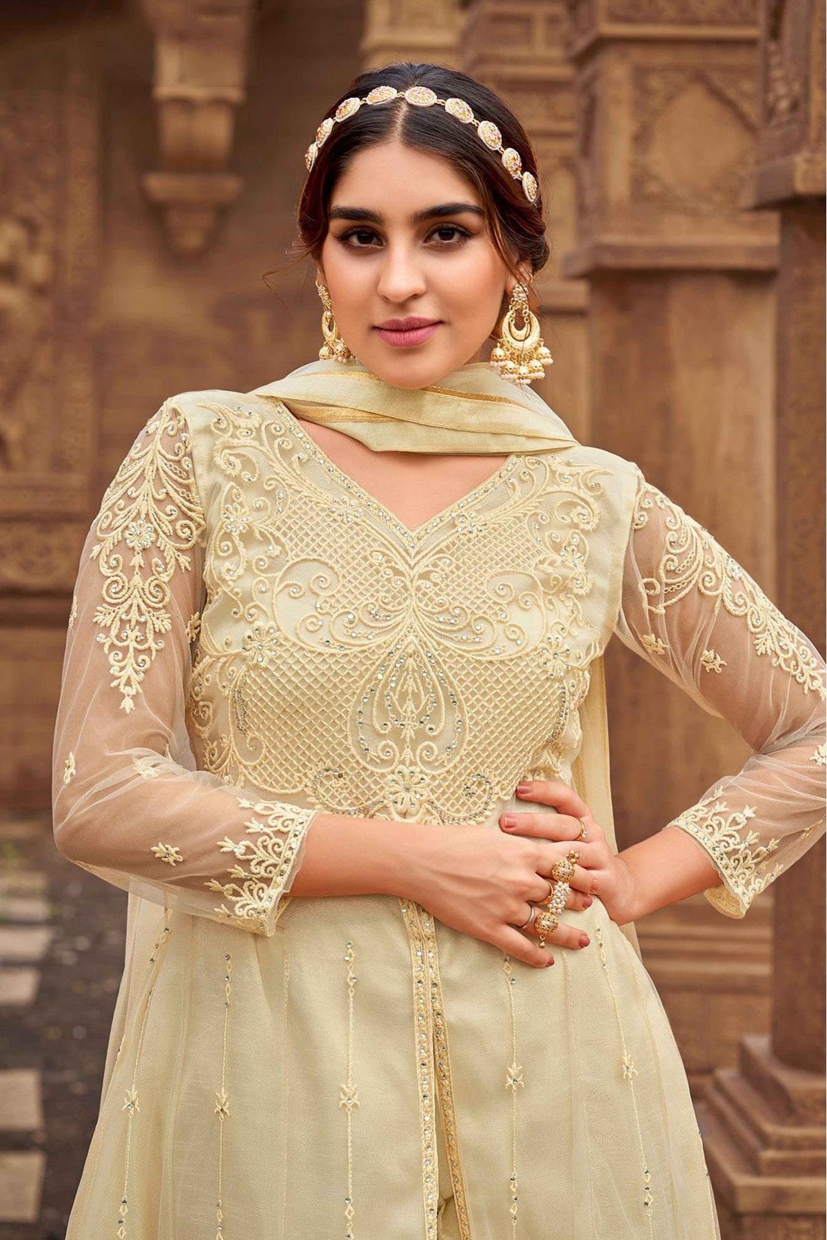 Buy Beige Color Butterfly Net Fabric Anarkali Suit Online