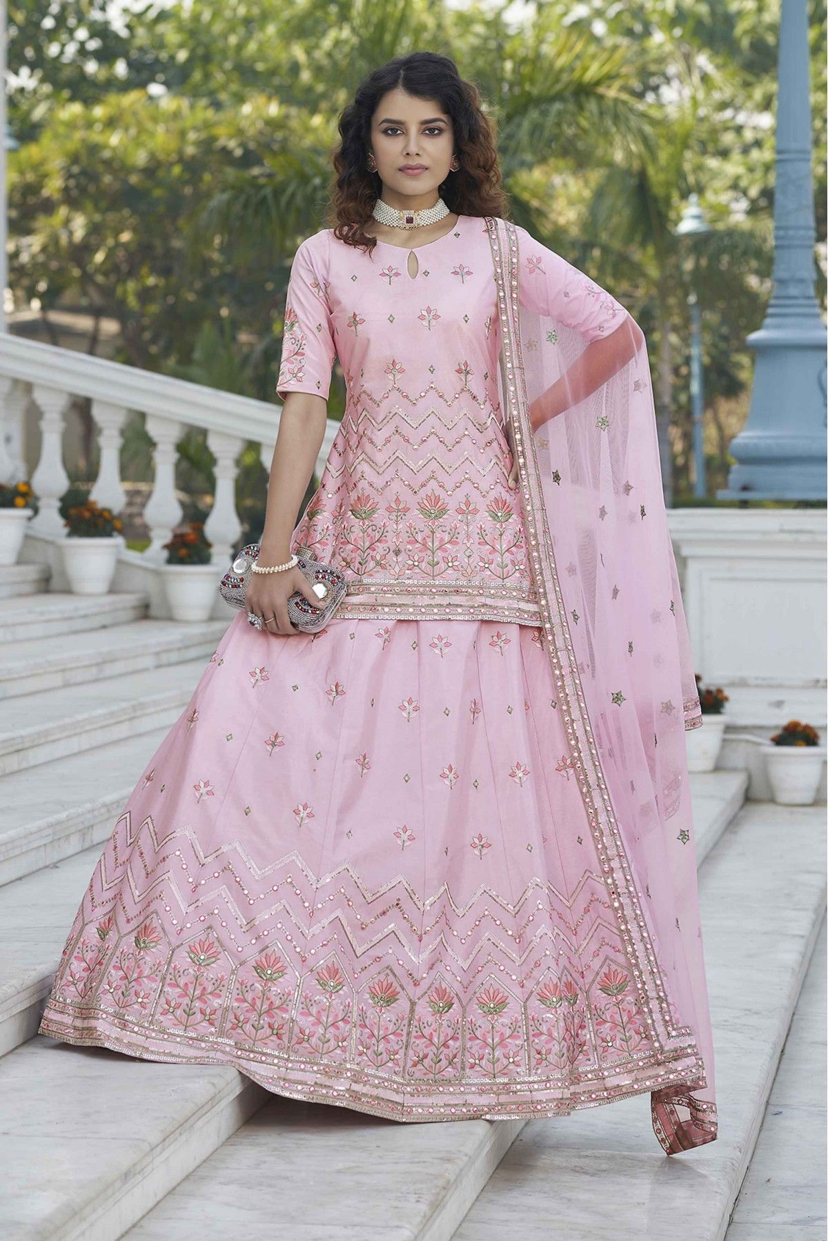 Chinon Chiffon Embroidery Lehenga Suit In Baby Pink Colour - SM3210952