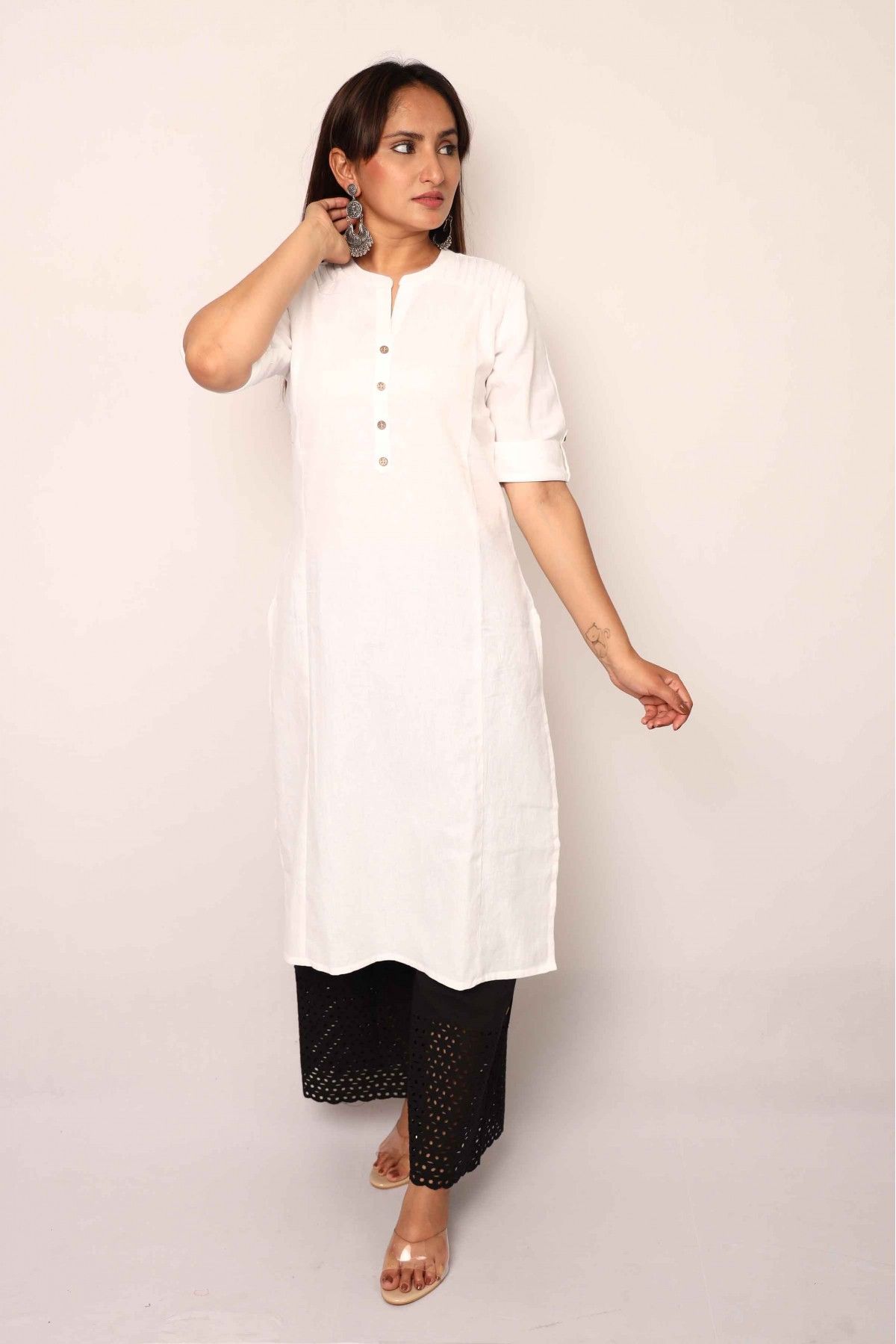 White color Cotton Flex fabric for Women's Kurti Palazoo - Charu