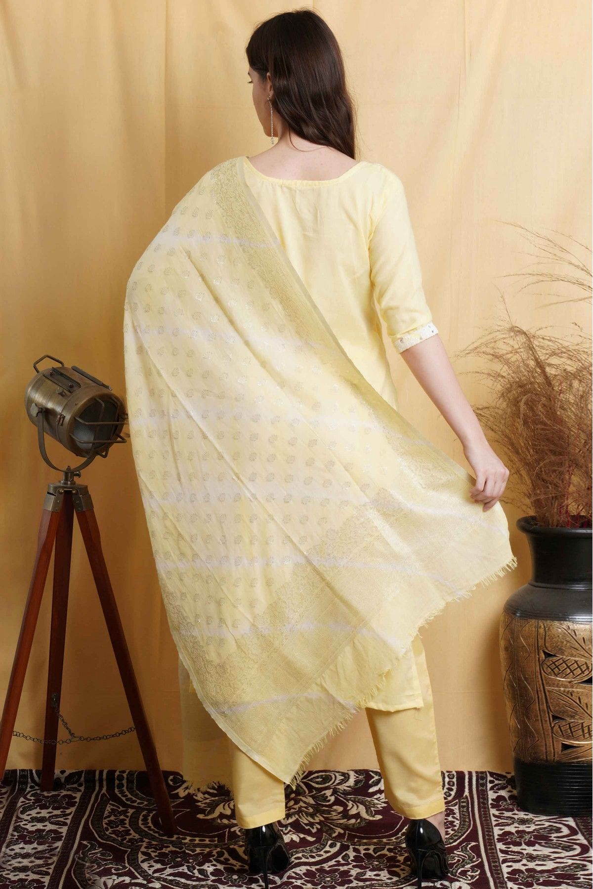 Cotton Lakhnavi Work Pant Style Suit In Yellow Colour - SM5640045