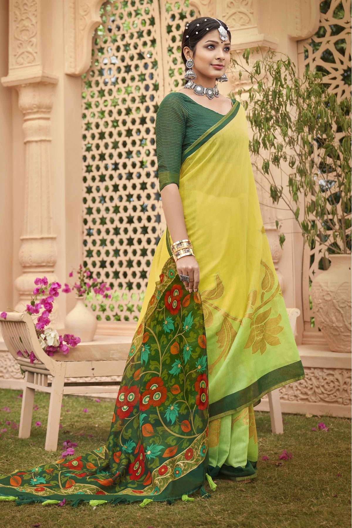 Yellow & Green Color Silk Traditional Saree