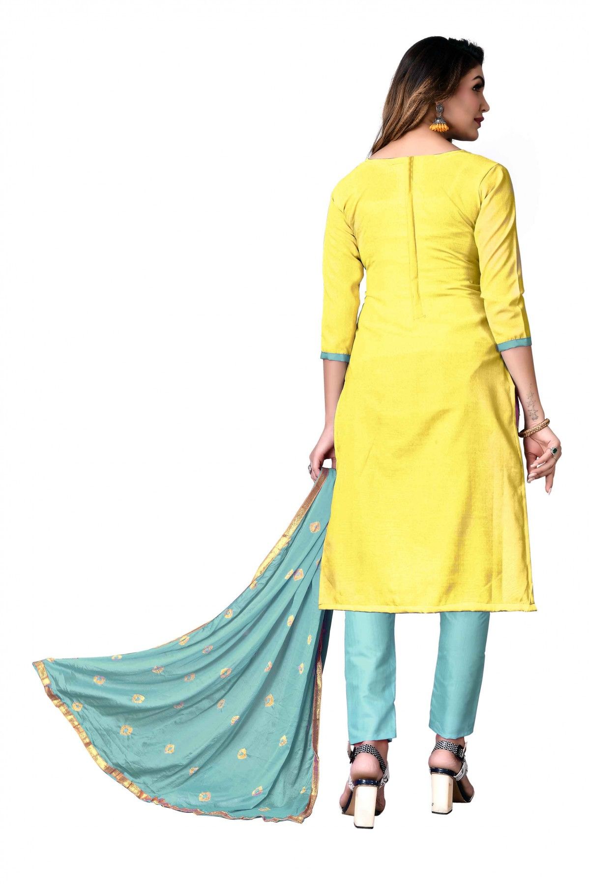 Unstitched Modal Cotton Embroidery Churidar Suit In Yellow Colour
