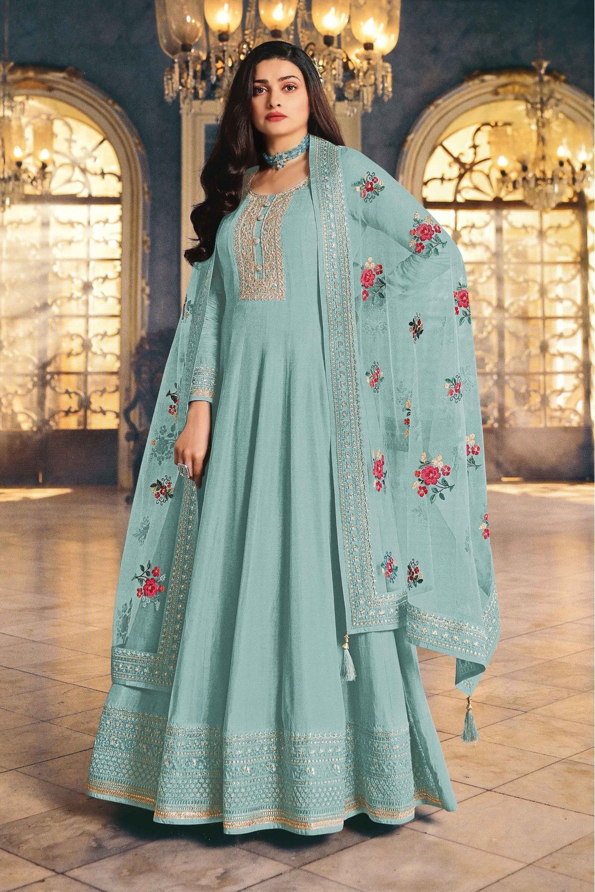 Shop Pastel Blue Dola Silk Embroidered N Stones Anarkali Suit Party Wear  Online at Best Price