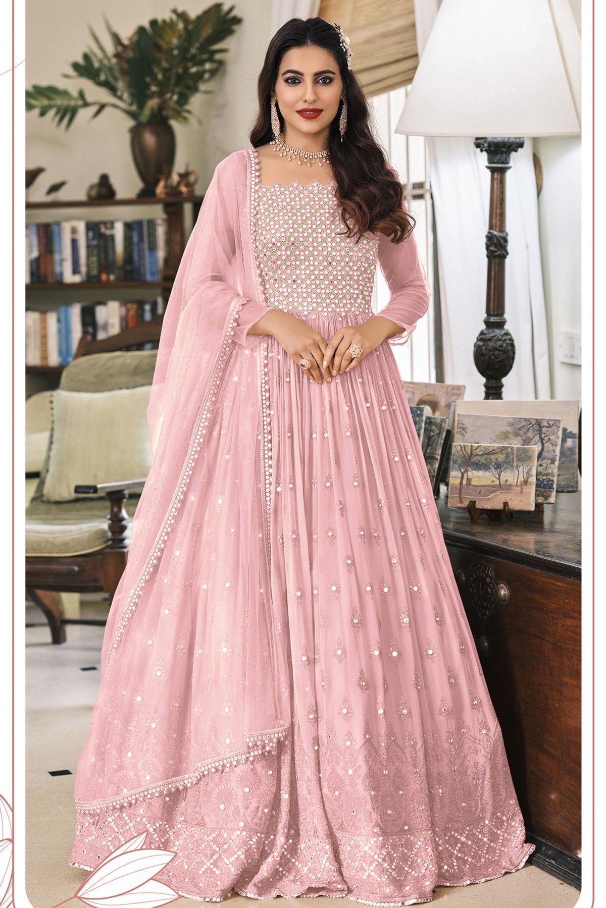 Light Pink Lucknowi Embroidered Georgette Anarkali Suit