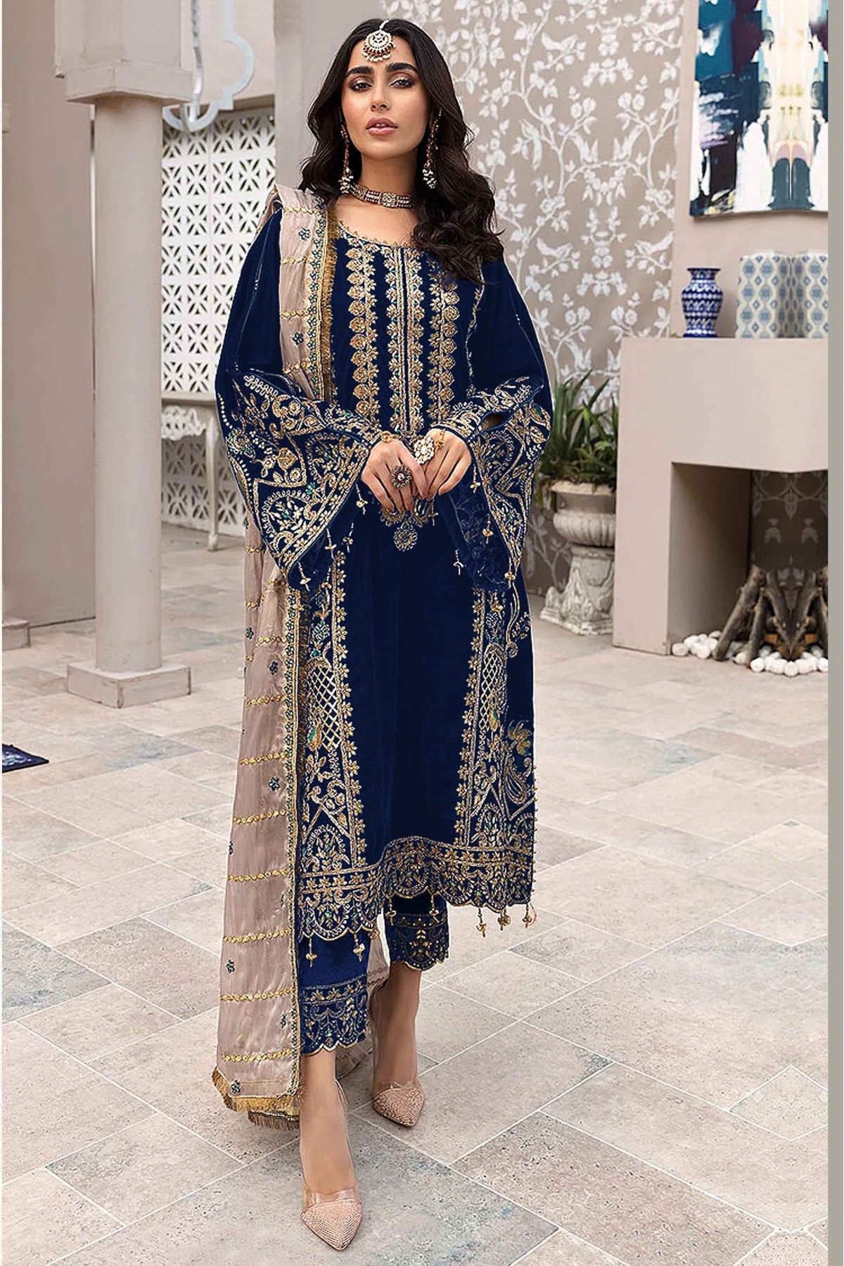 Slate Blue Floral Embroidered Organza Pakistani Suit