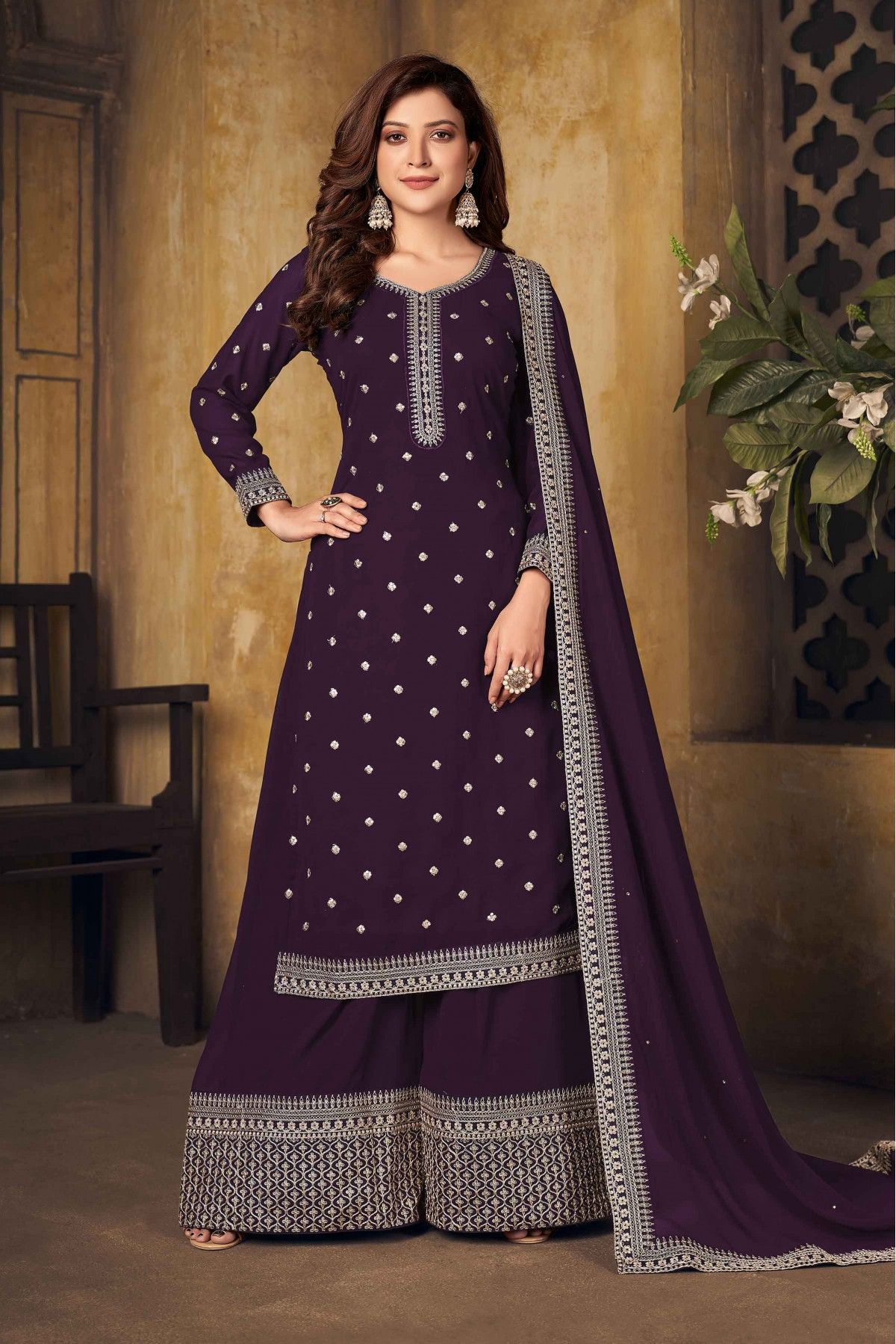 Faux Georgette Embroidery Palazzo Pant Suit In Purple Colour