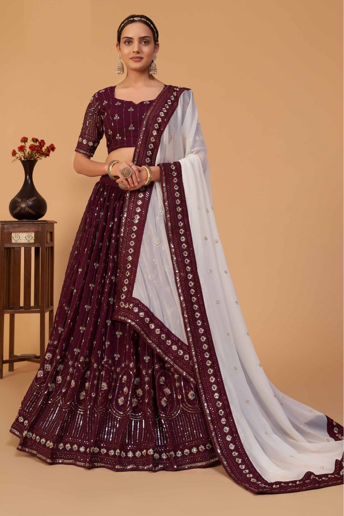 Captivating Embroidered Work Wine Color Lehenga Choli – bollywoodlehenga