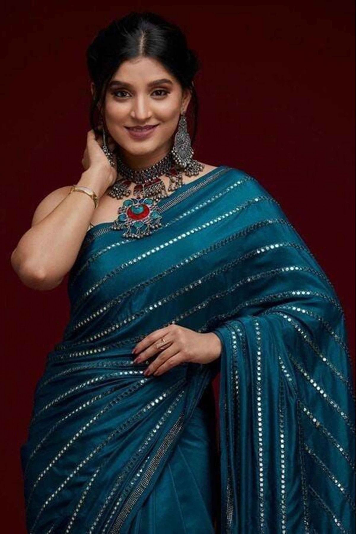 Georgette Embroidery Saree In Teal Blue Colour - SR5415088