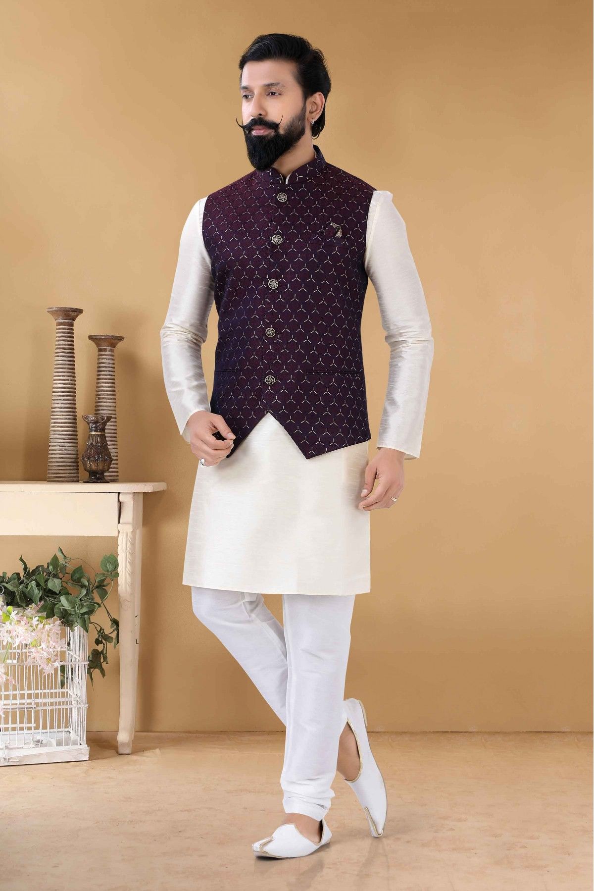 Black Color Banarasi Art Silk Wedding Wear Designer Readymade Kurta Pyjama  For Men