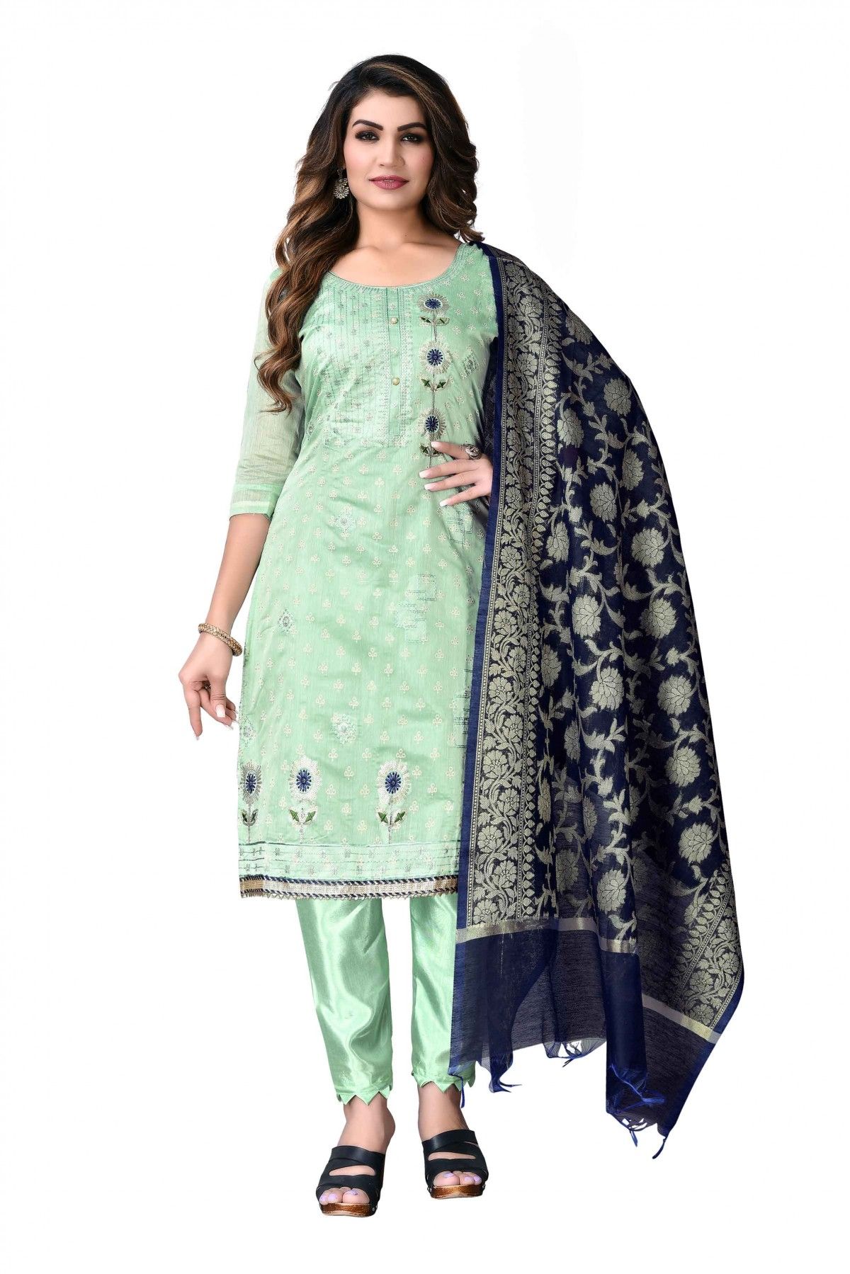 Modal Chanderi Cotton Sequins Work Pant Style Suit In Light Green Colour -  US3234259