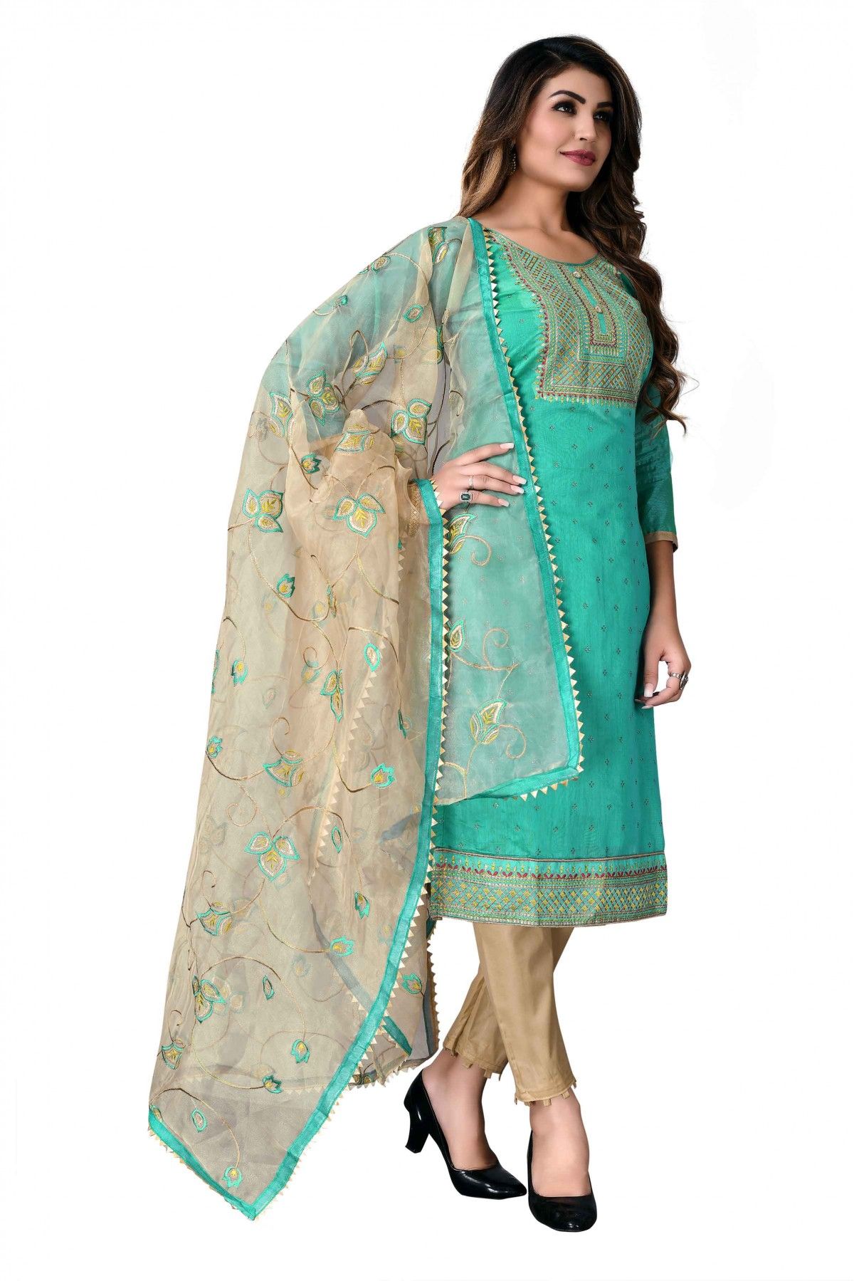 Modal Chanderi Cotton Zari Work Pant Style Suit In Sea Green Colour -  US3234253