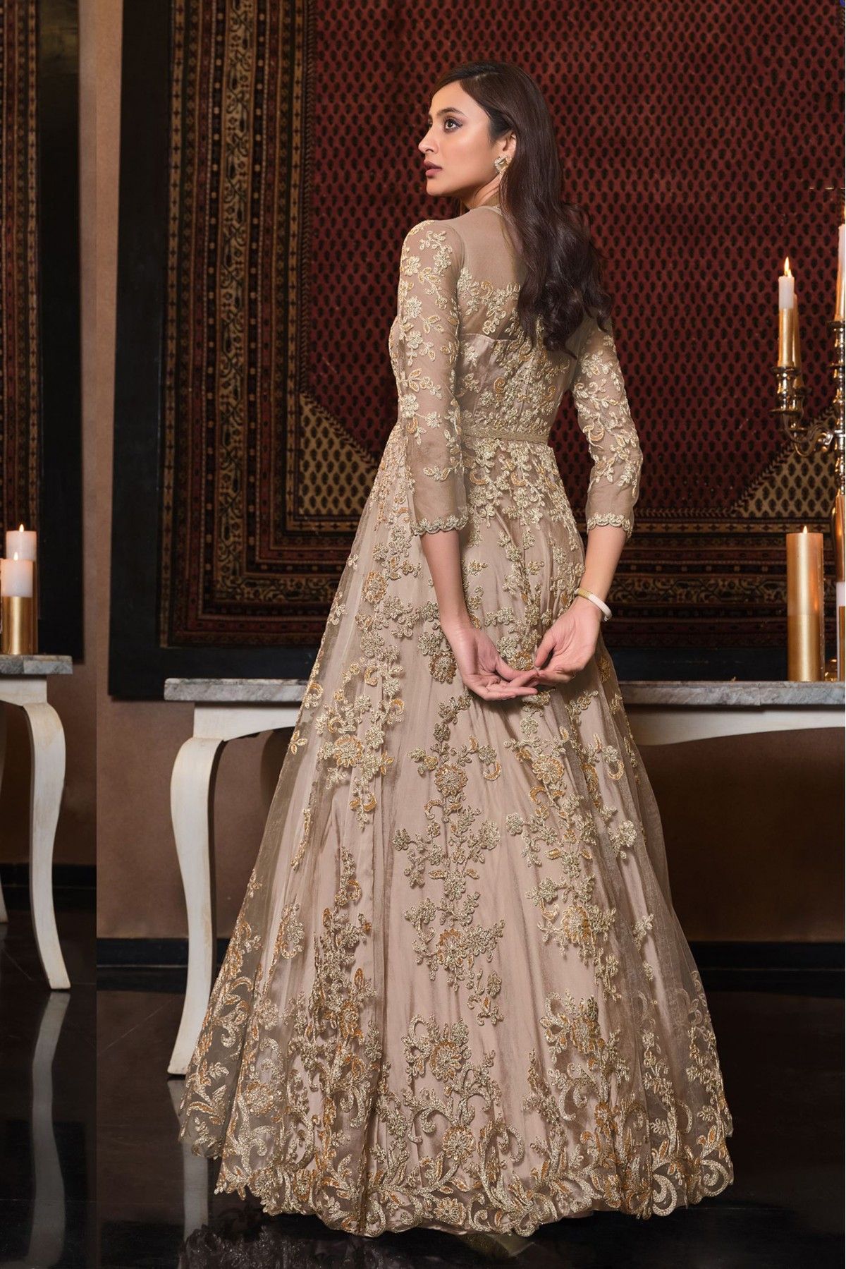 Beige faux georgette jacket style anarkali suit 1005