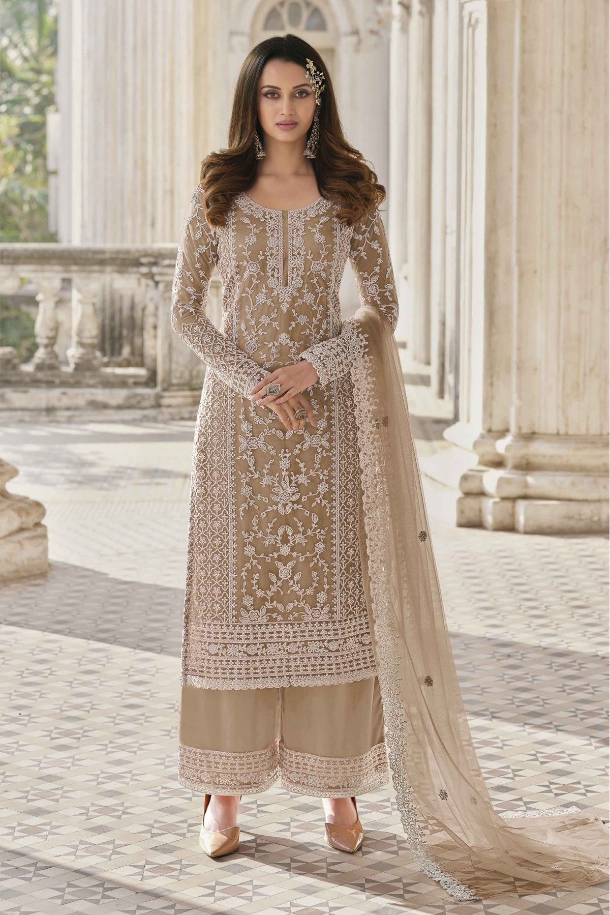 Net Embroidery Palazzo Pant Suit In Beige Colour - SM5630058