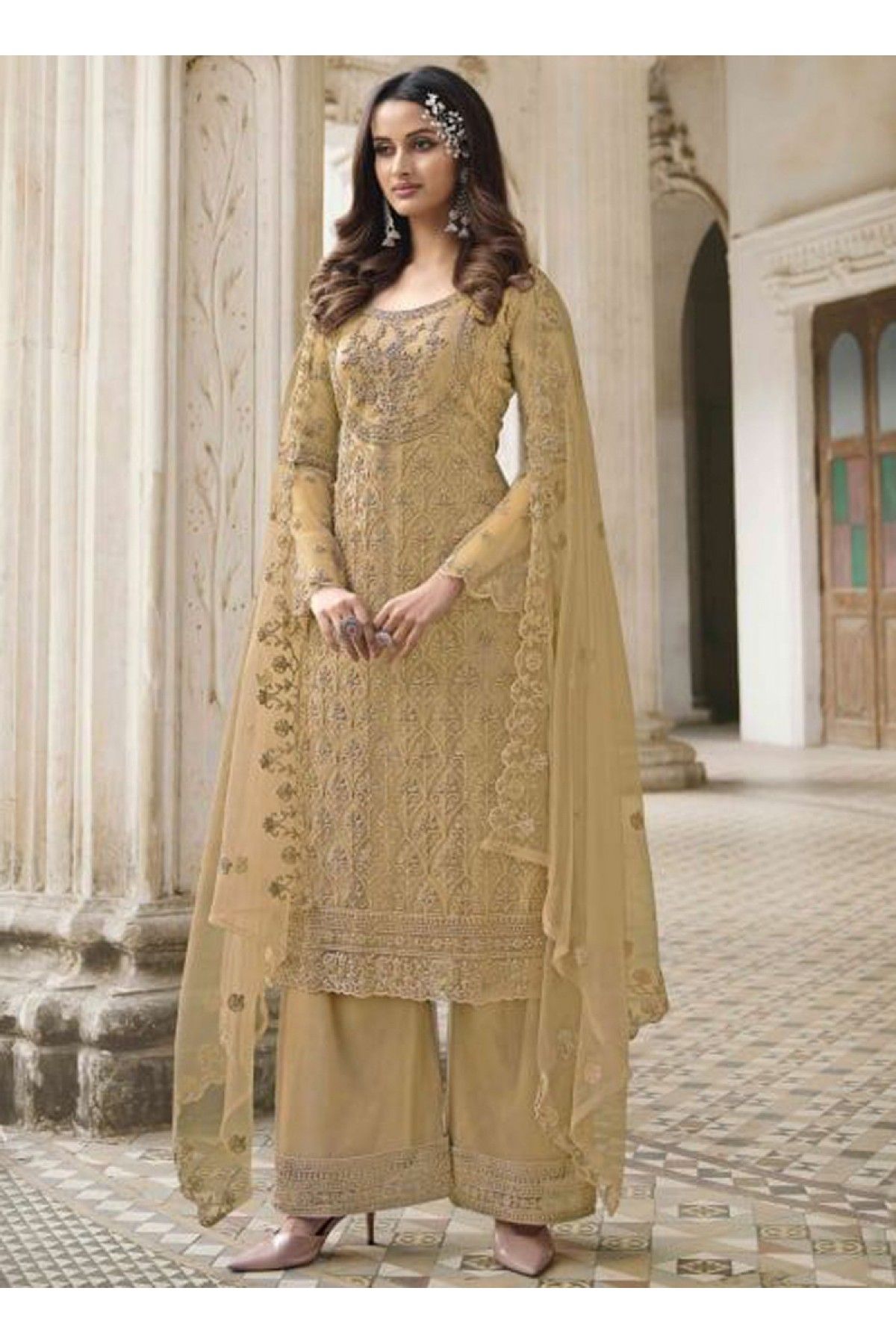 Cream Straight Cut Embroidered Pant Suit Latest 4169SL04