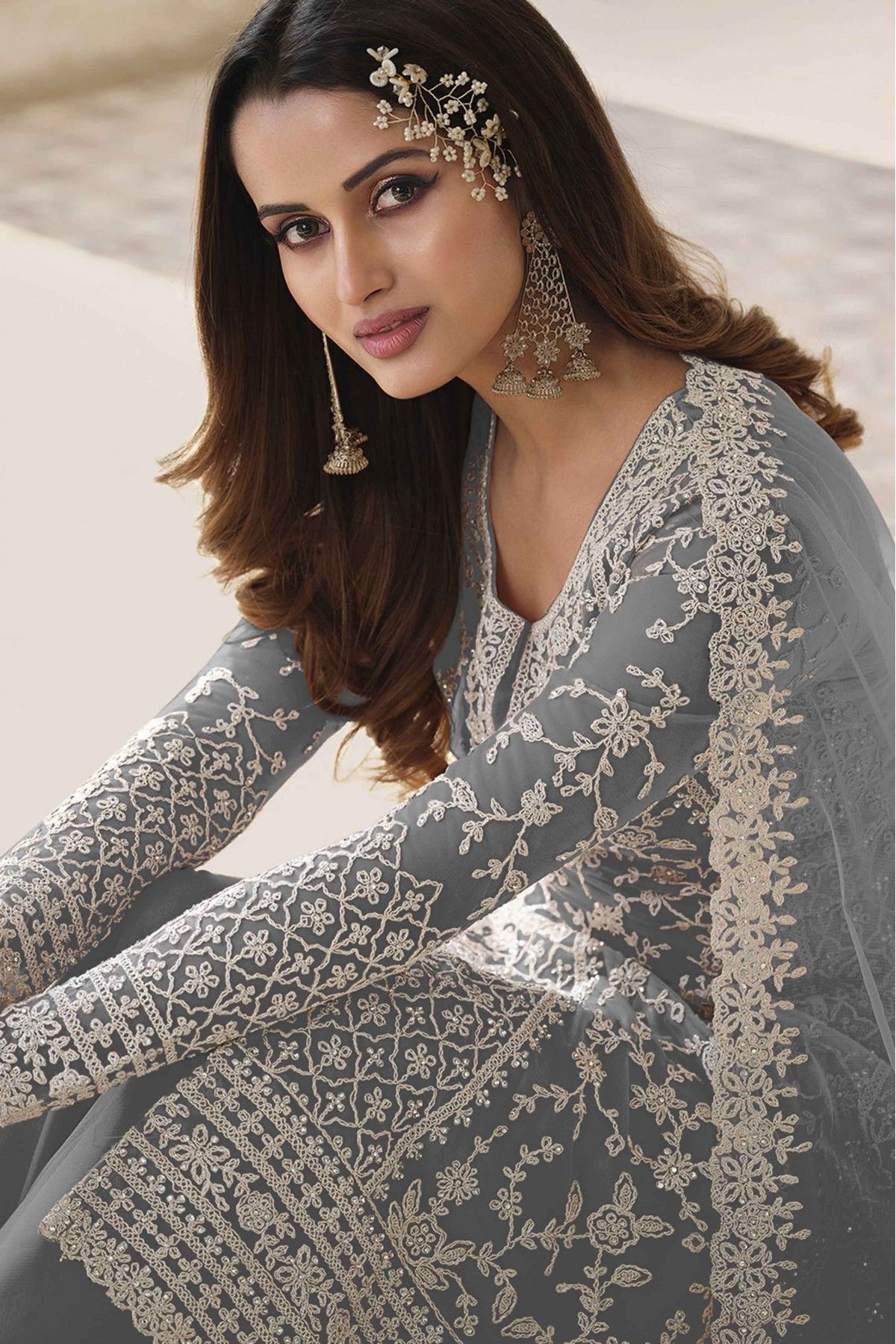 Grey Embroidered Net Pant Style Suit