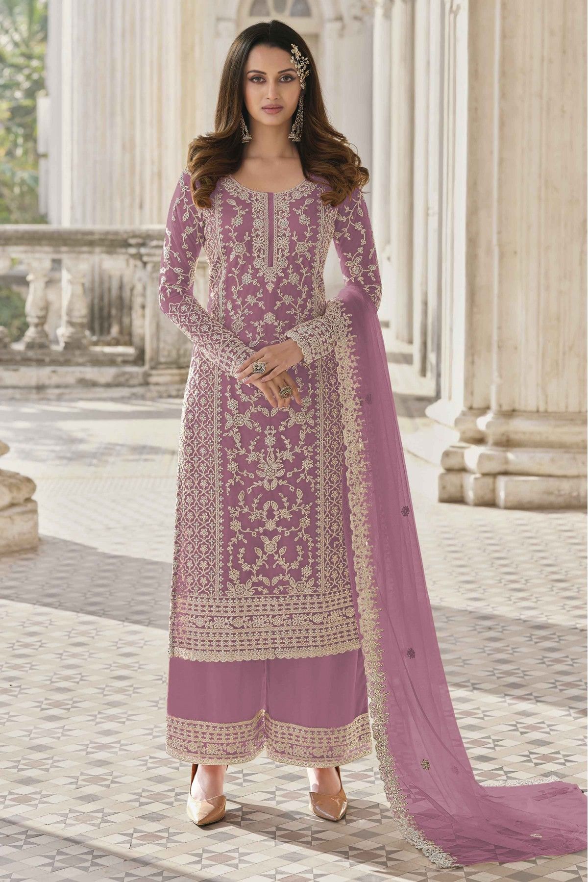 Net Embroidery Palazzo Pant Suit In Lavender Colour - SM5630052