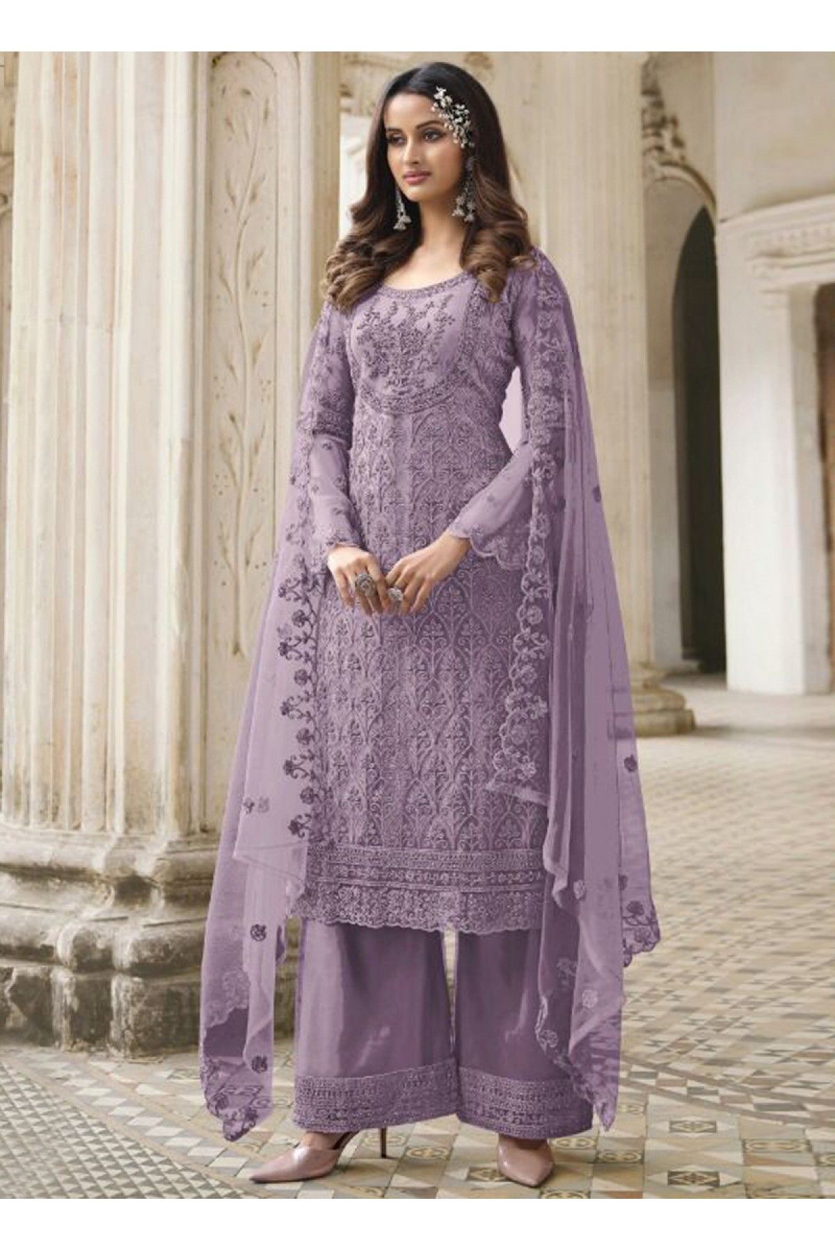 Faux Georgette Swarovski Purple Designer Pakistani Suit